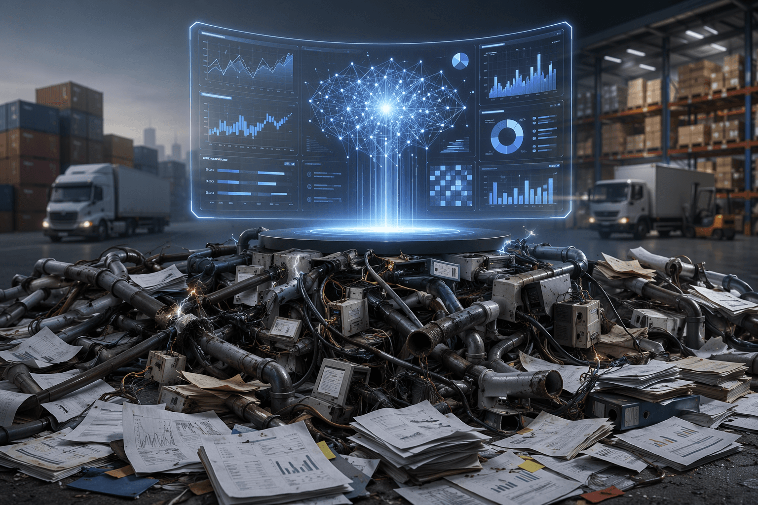Polished AI analytics dashboard above disconnected operational data pipes and fragmented supply chain records