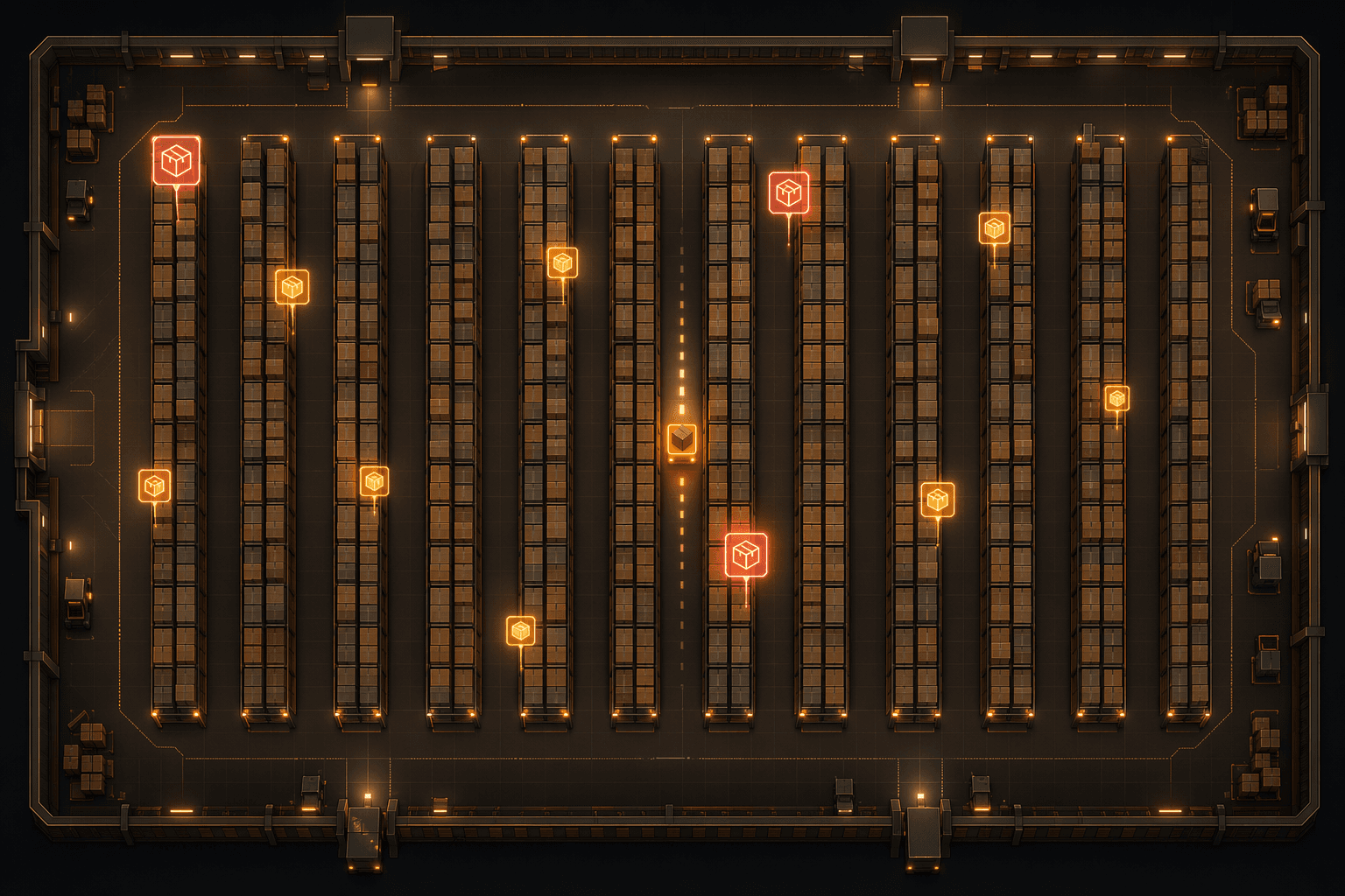 Top-down single-block warehouse with ten aisles and an orange picker agent