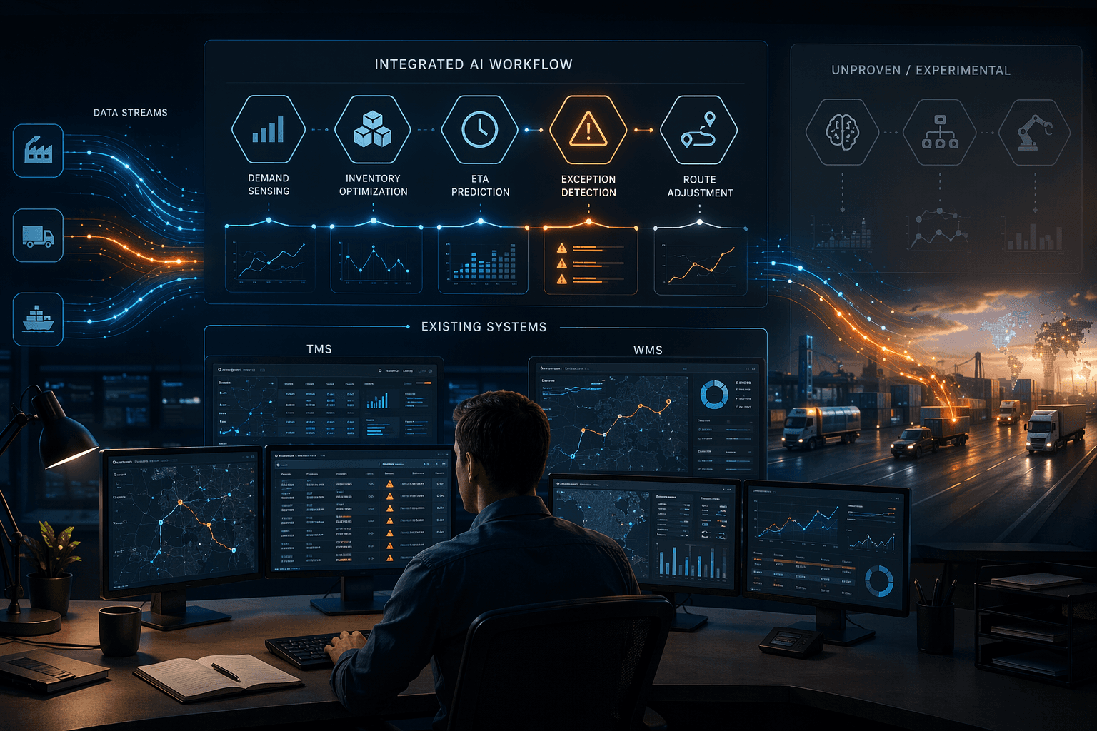 Supply chain control center with five integrated AI tools in a TMS and WMS dashboard and a human operator reviewing exception flags