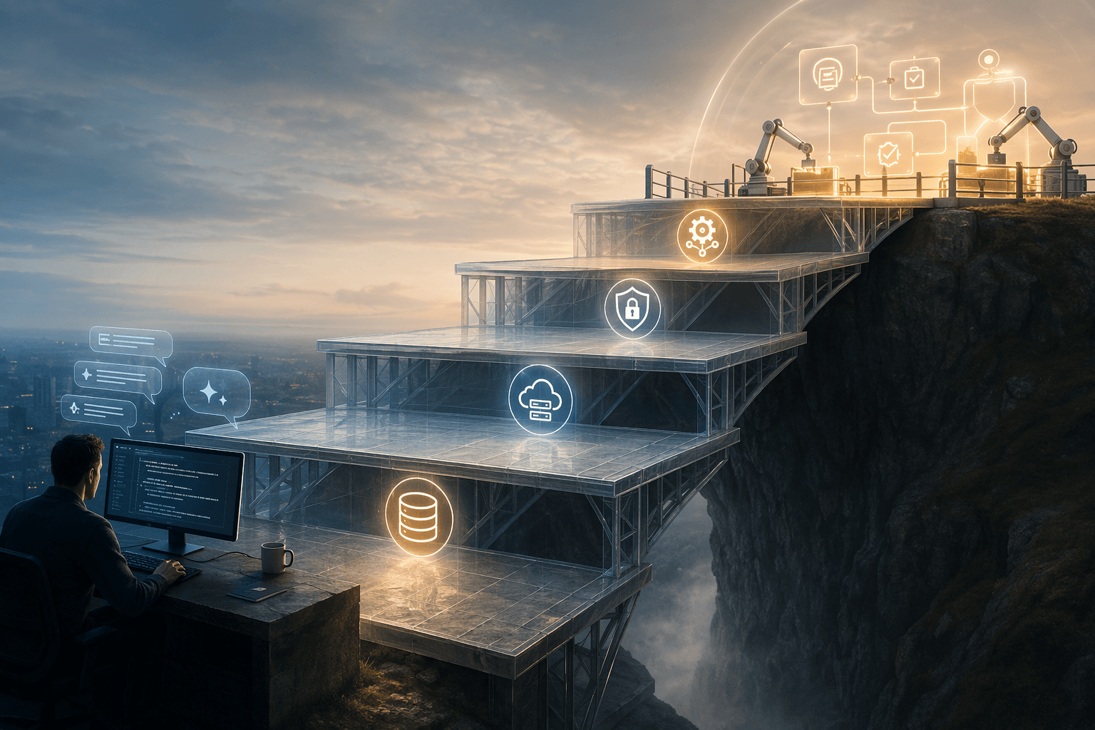 Layered bridge from supervised copilot workflows to bounded agentic autonomy supported by data, technology, governance, and workflow redesign