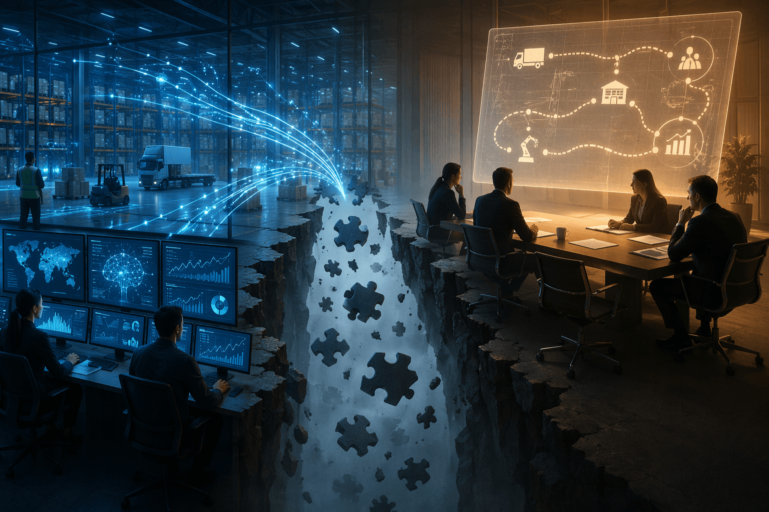 Modern logistics control center separated from a strategic planning blueprint by falling fragmented puzzle pieces