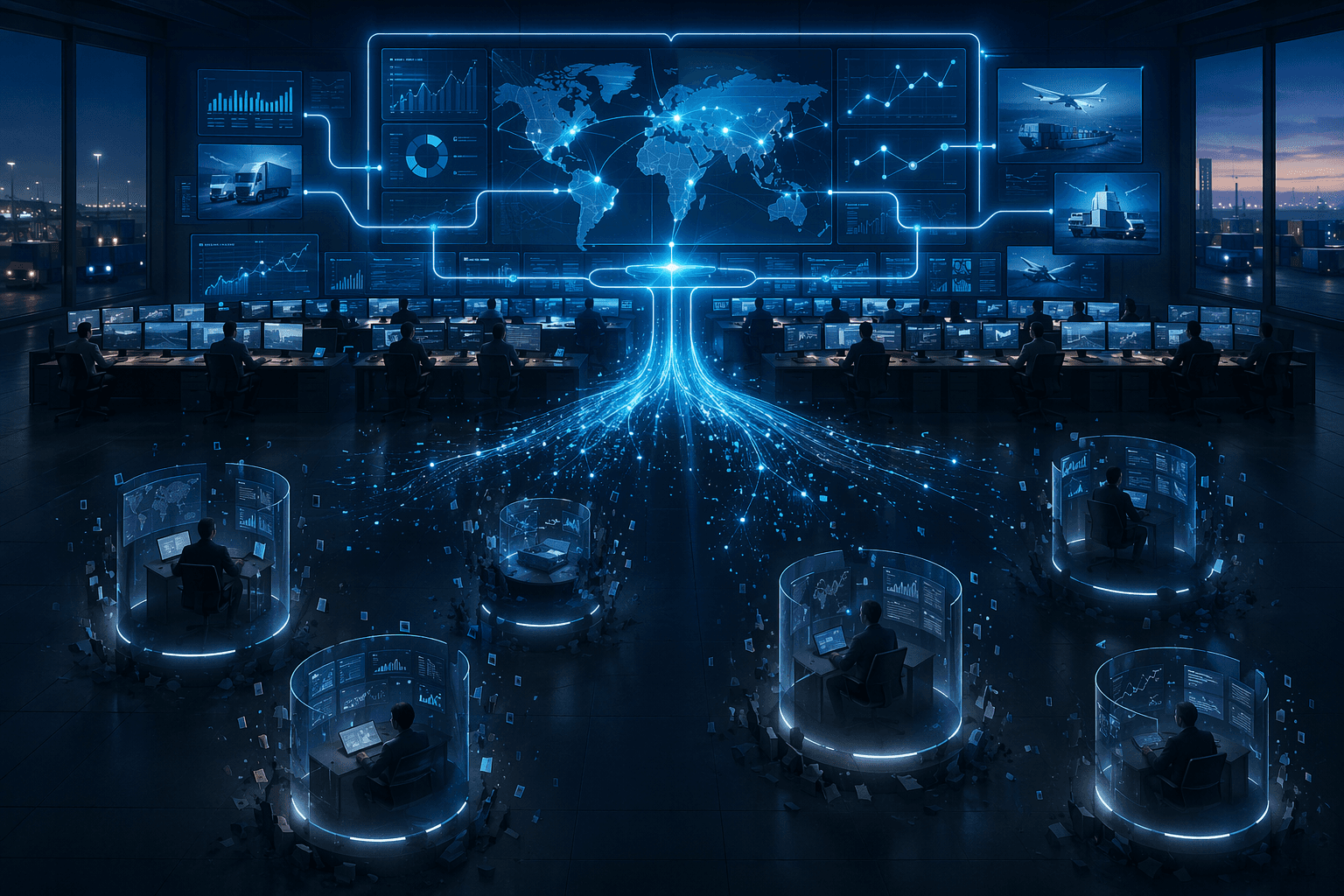 Logistics control center contrasting disconnected AI pilots with integrated enterprise-wide AI workflows