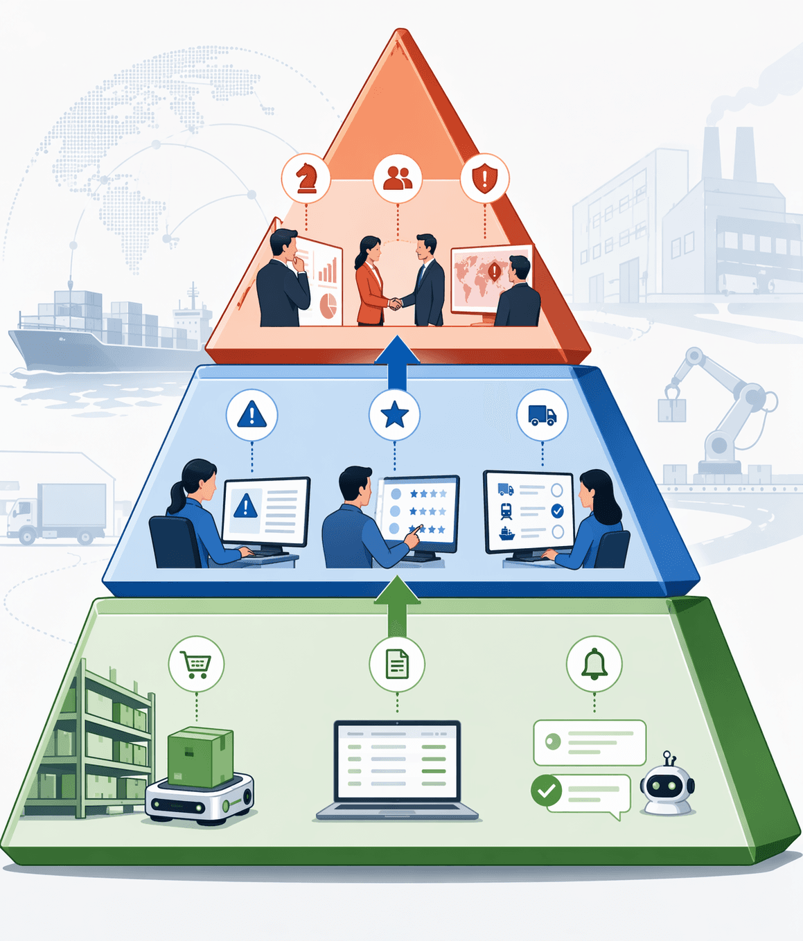 Graduated autonomy pyramid for supply chain decisions with autonomous, human-in-the-loop, and human-led layers