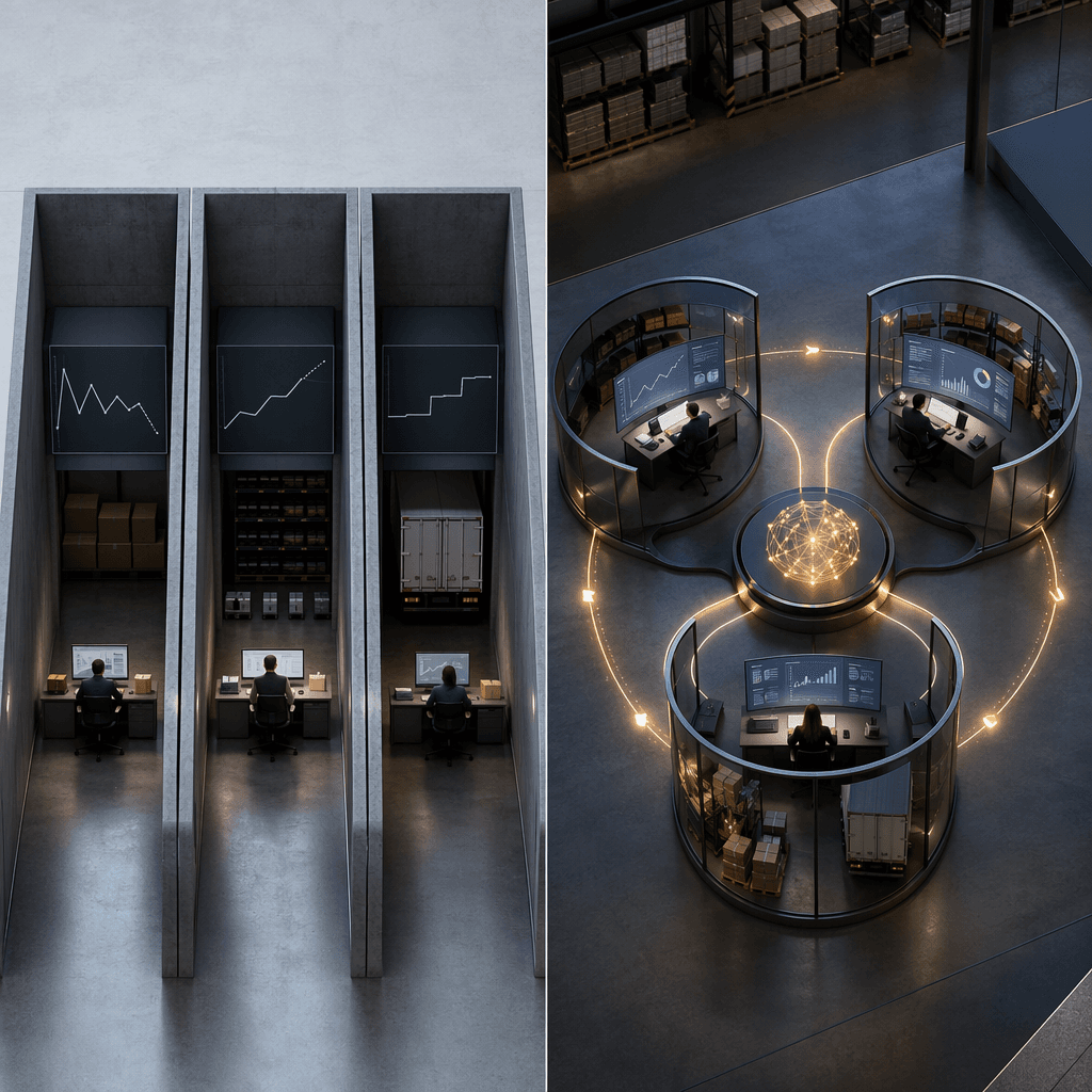 Procurement Planning and Logistics shown as isolated functions compared with interconnected nodes around a predictive analytics hub