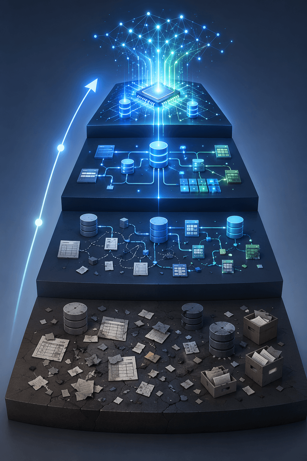 Four-tier illustration of messy procurement data becoming structured AI-ready data pipelines