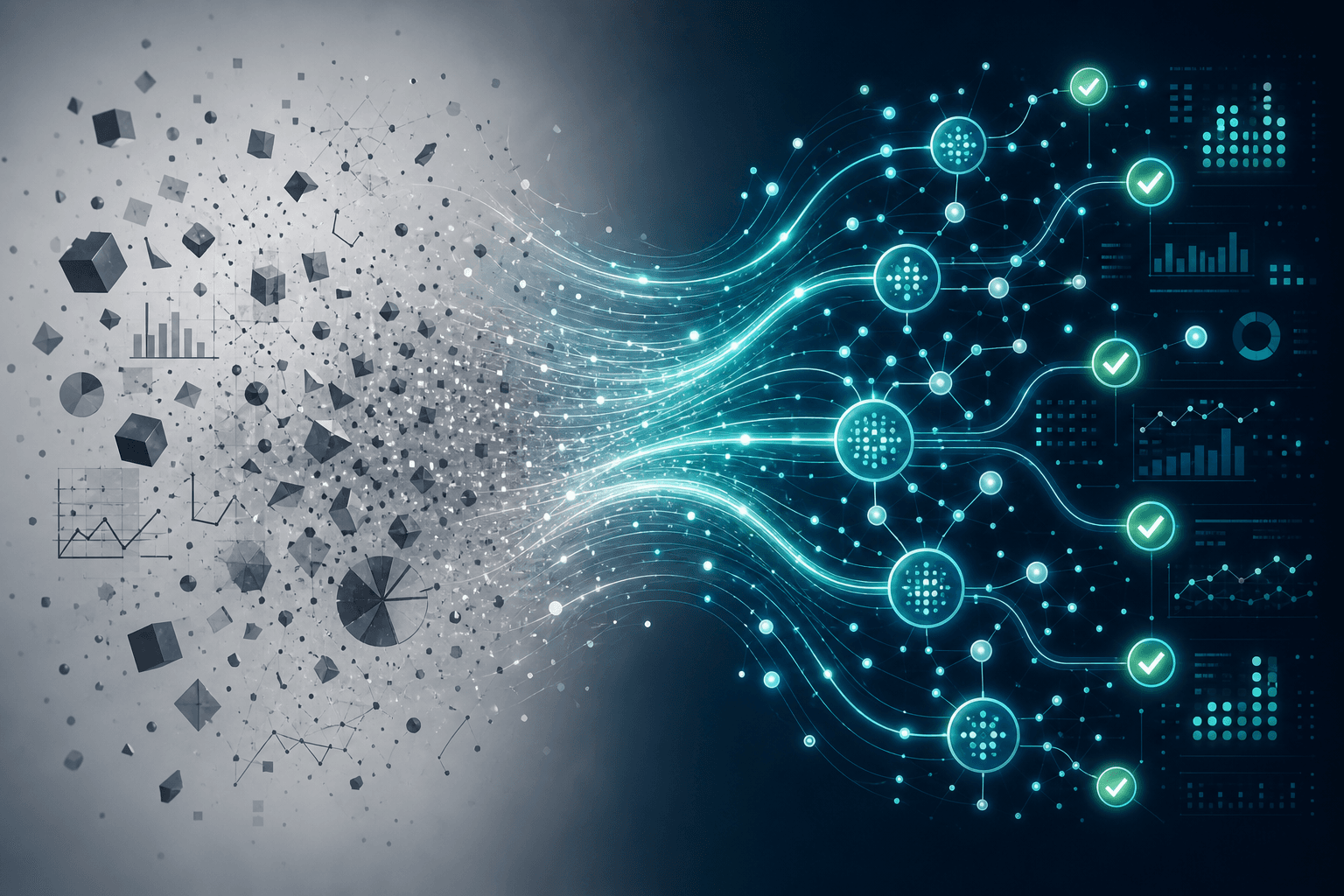 Side-by-side editorial illustration showing data transformation: left side with scattered, messy disconnected data fragments in muted gray tones; right side with the same data organized into clean glowing nodes and connected streams in teal and navy.