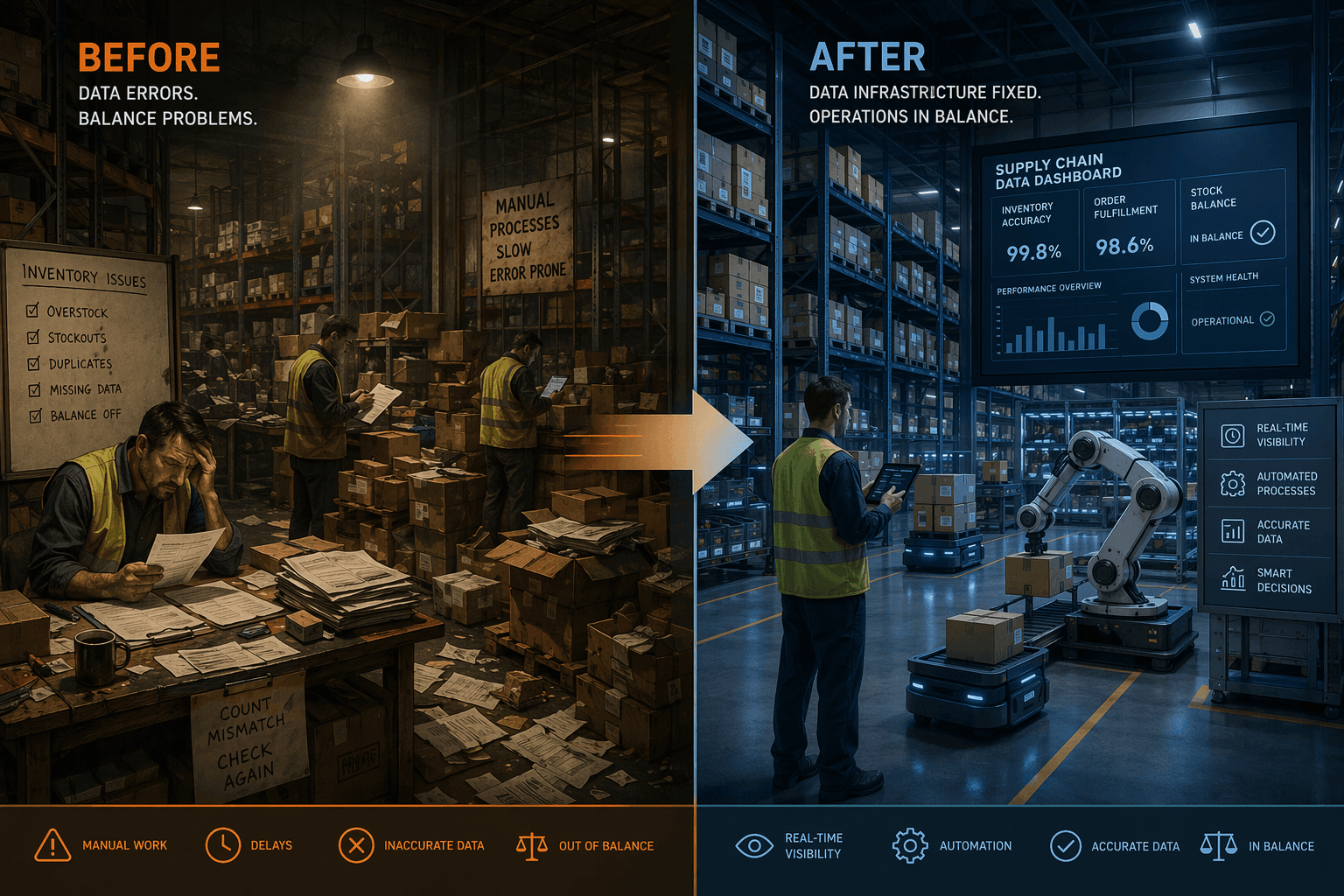 Warehouse transformation from manual chaos to digital automation.