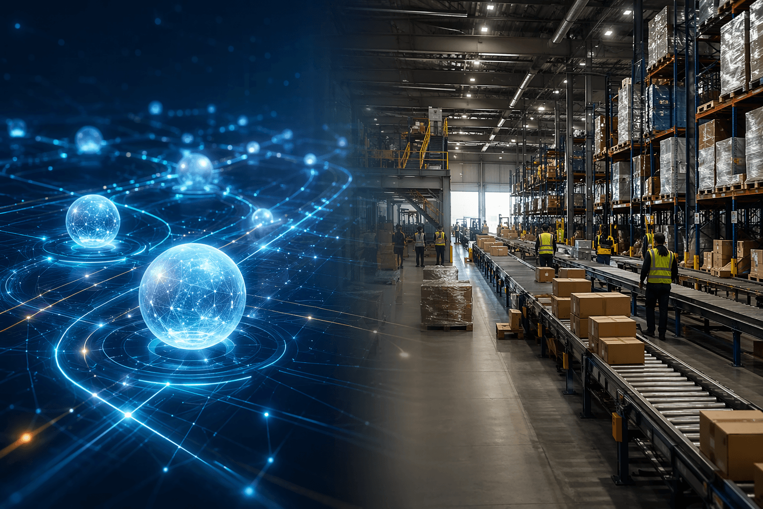 Split view of autonomous AI supply chain promise and real-world warehouse operations