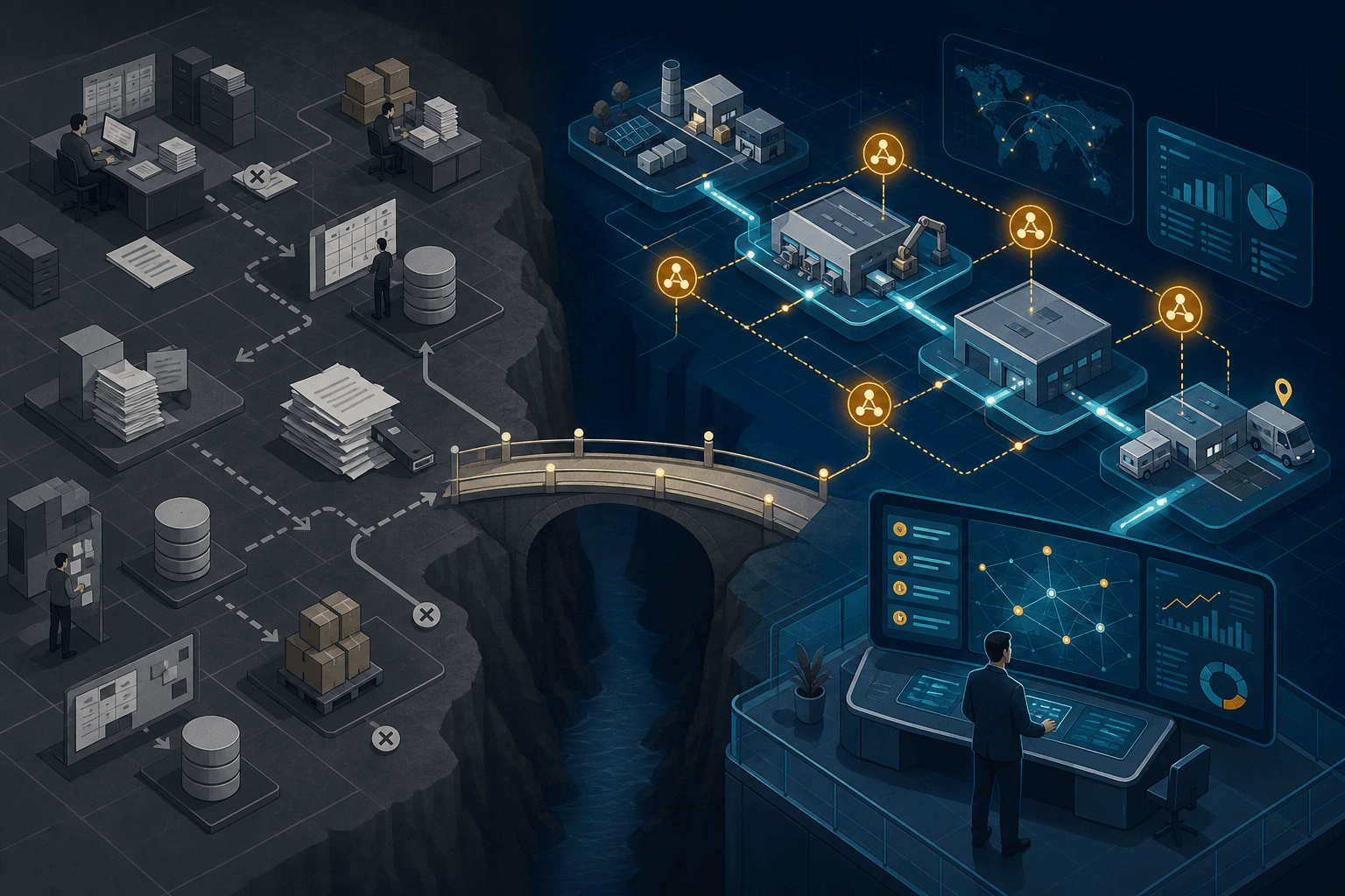 A dual-perspective editorial illustration showing a dark fragmented grid of manual supply chain workflows on the left, transitioning across a bridge to a luminous connected digital network on the right with glowing amber AI agent nodes flowing along a supply chain from supplier to factory to warehouse to last-mile delivery, with a human figure at a strategic oversight station viewing a dashboard.