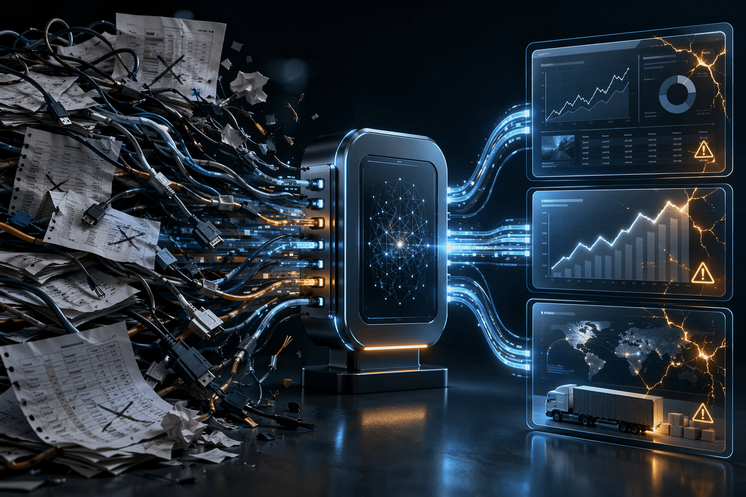 Messy supply chain data flowing through an AI node into clean but warning-marked recommendations