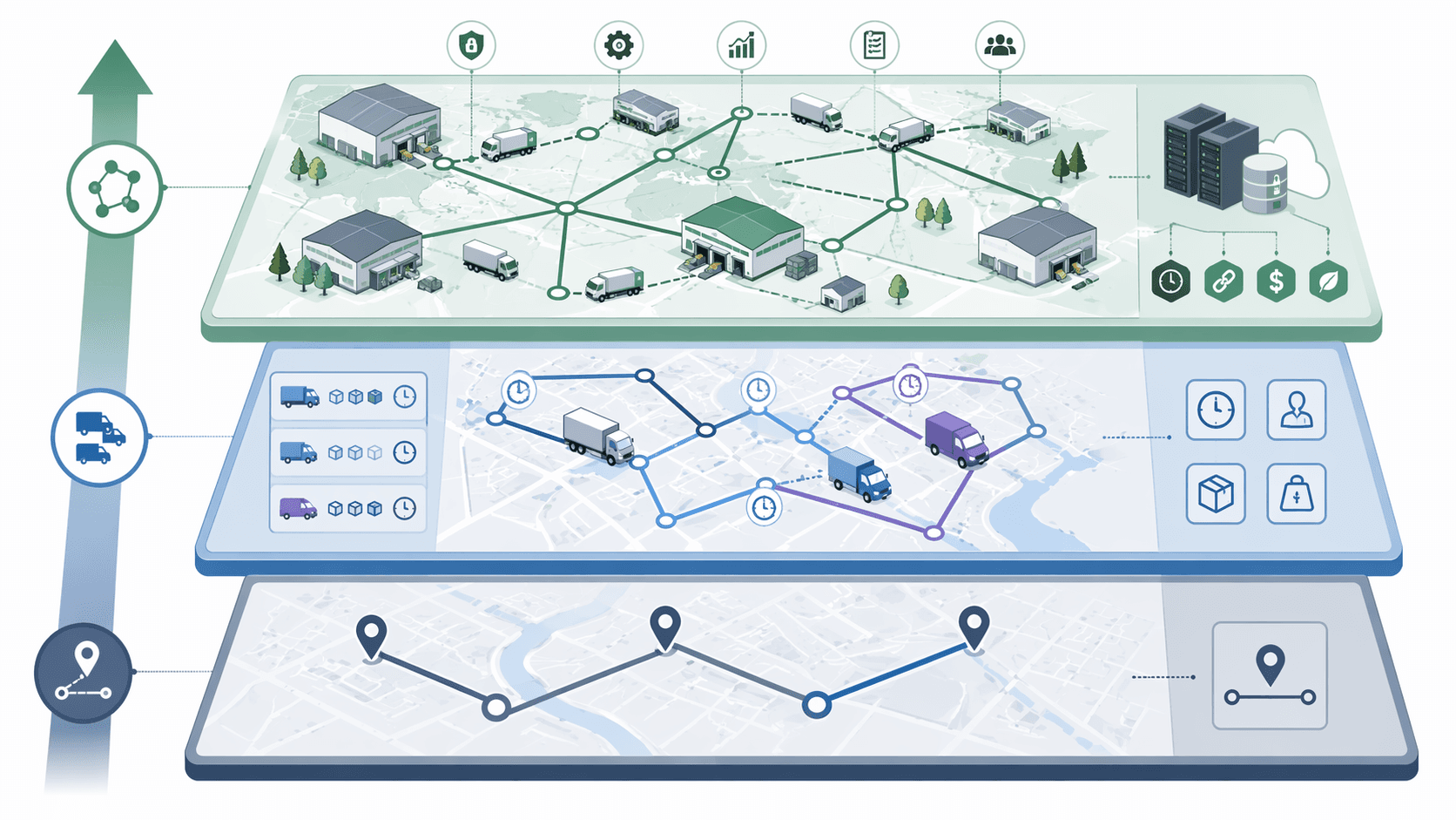 Three tiers showing basic routing, VRP solving, and enterprise logistics orchestration