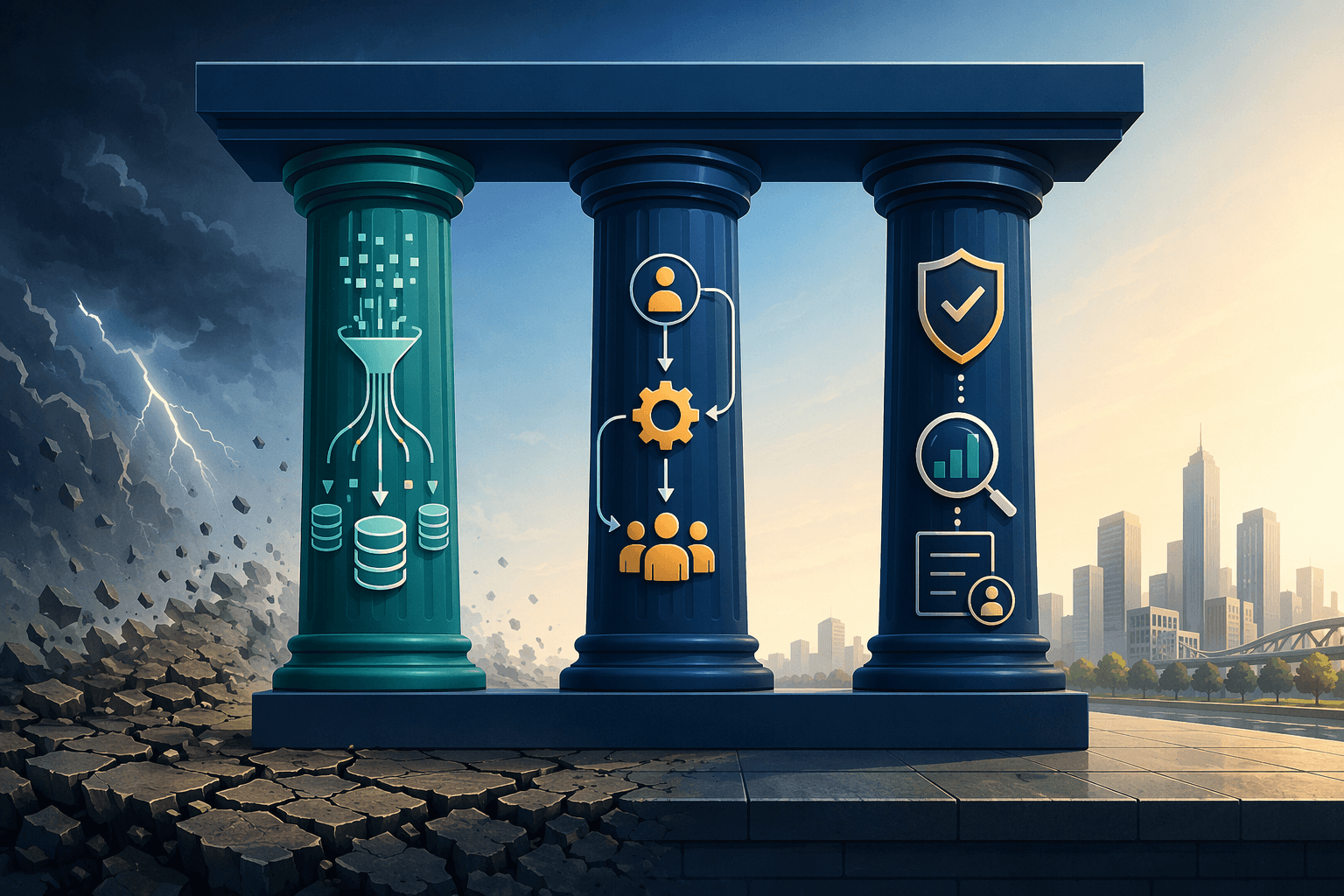 Three pillars representing data readiness, process adoption, and AI governance