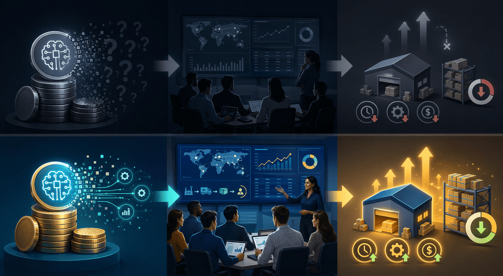 Investment coins fading into question marks, a training session for supply chain professionals, and outcome icons showing better efficiency and lower inventory