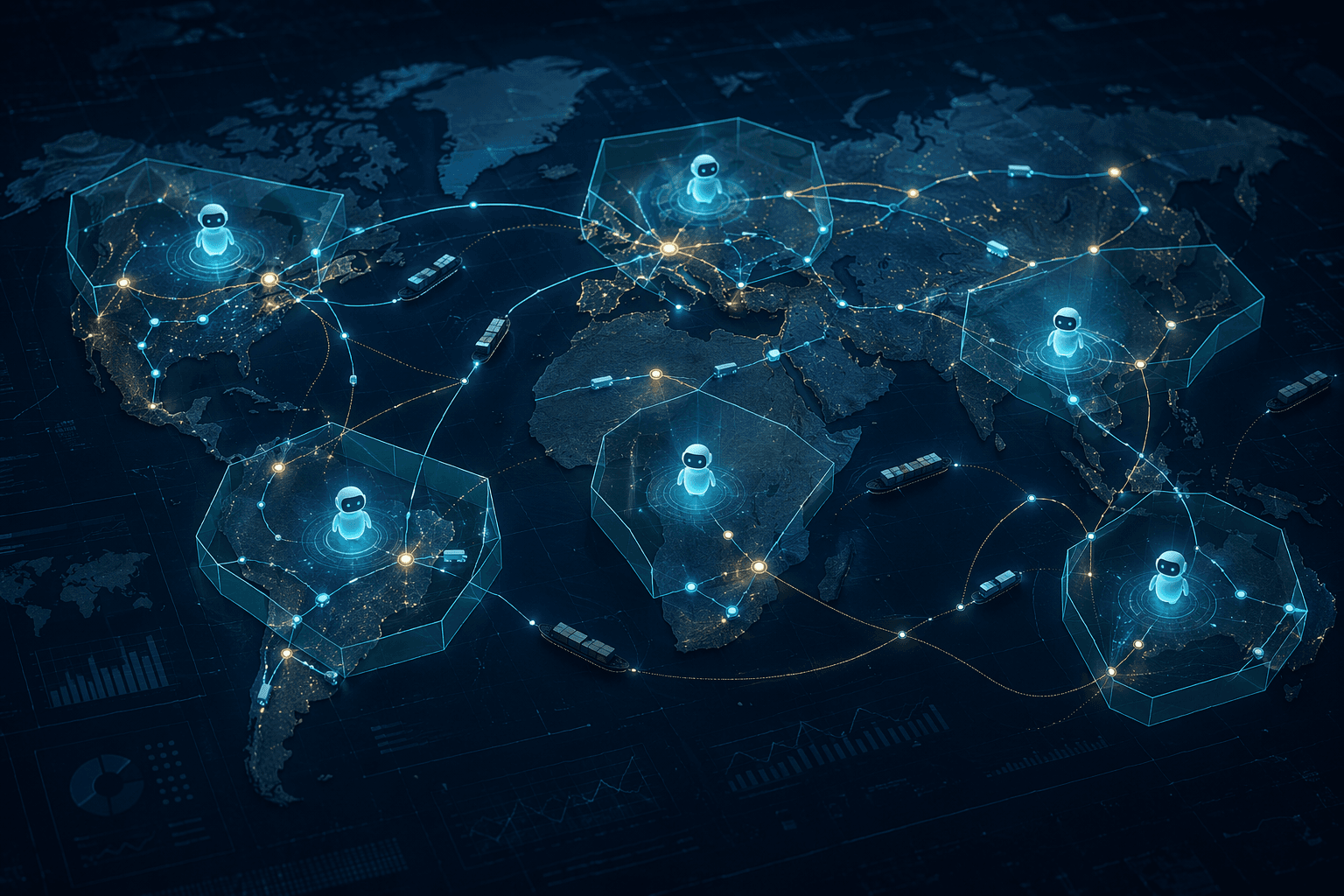 Global supply chain network with autonomous agent icons operating inside governance boundaries