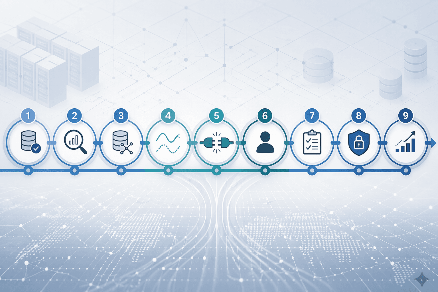 A nine-node roadmap showing sequential readiness checkpoints for data quality, integration, and ownership