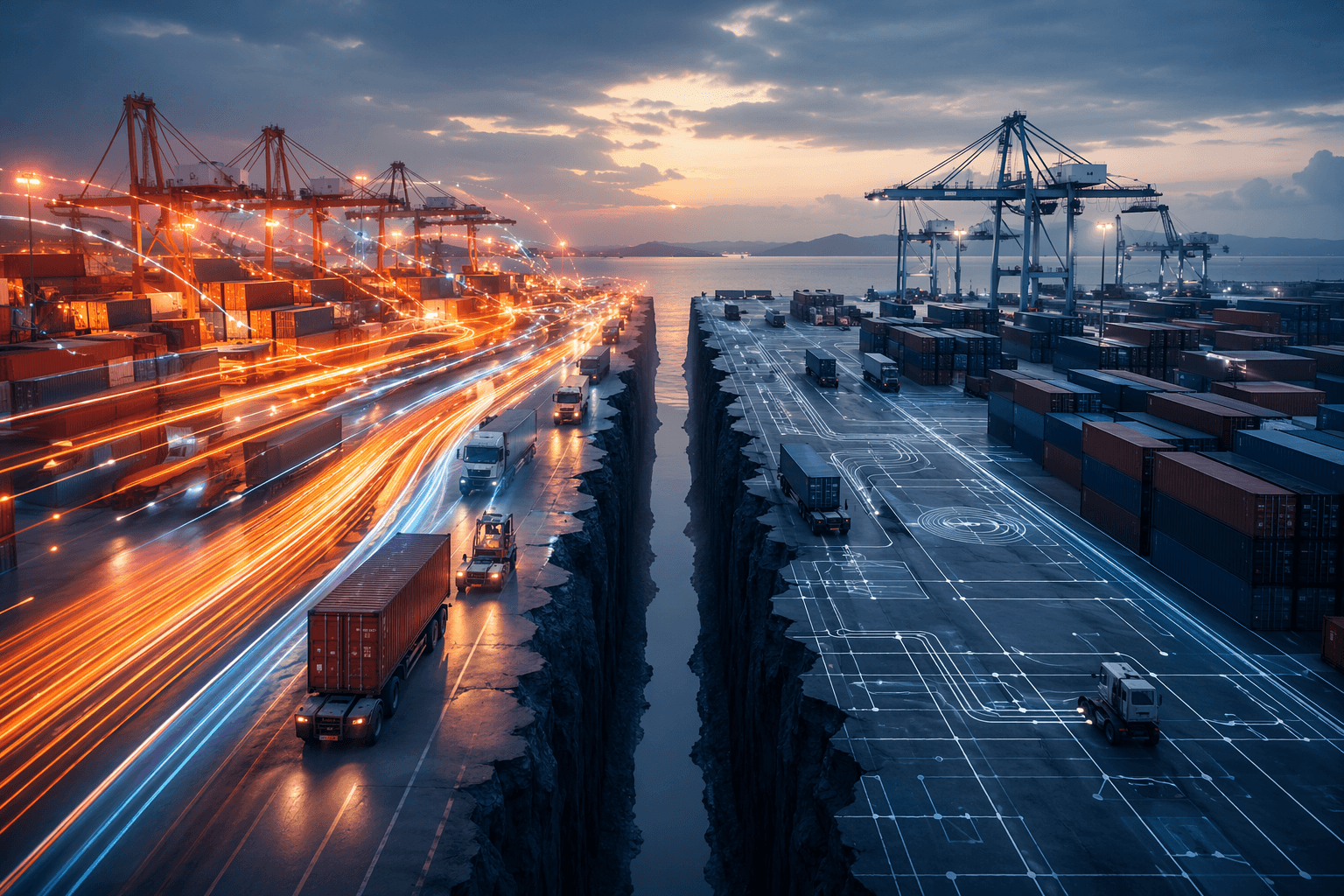 Modern shipping port split between AI momentum and strategic readiness