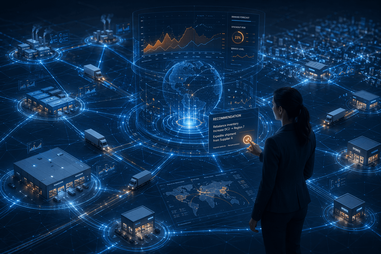A digital-twin style visualization of a retail supply chain network with interconnected glowing nodes and a central analytics hub projecting forecast visuals.