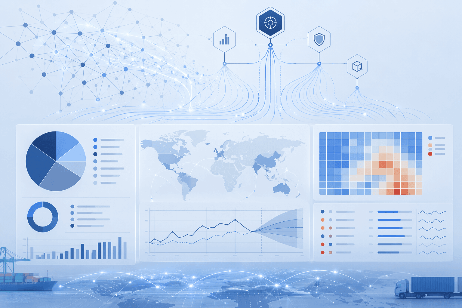 Modern procurement operations dashboard with charts, risk heatmaps, and forecast curves overlaid with neural network patterns