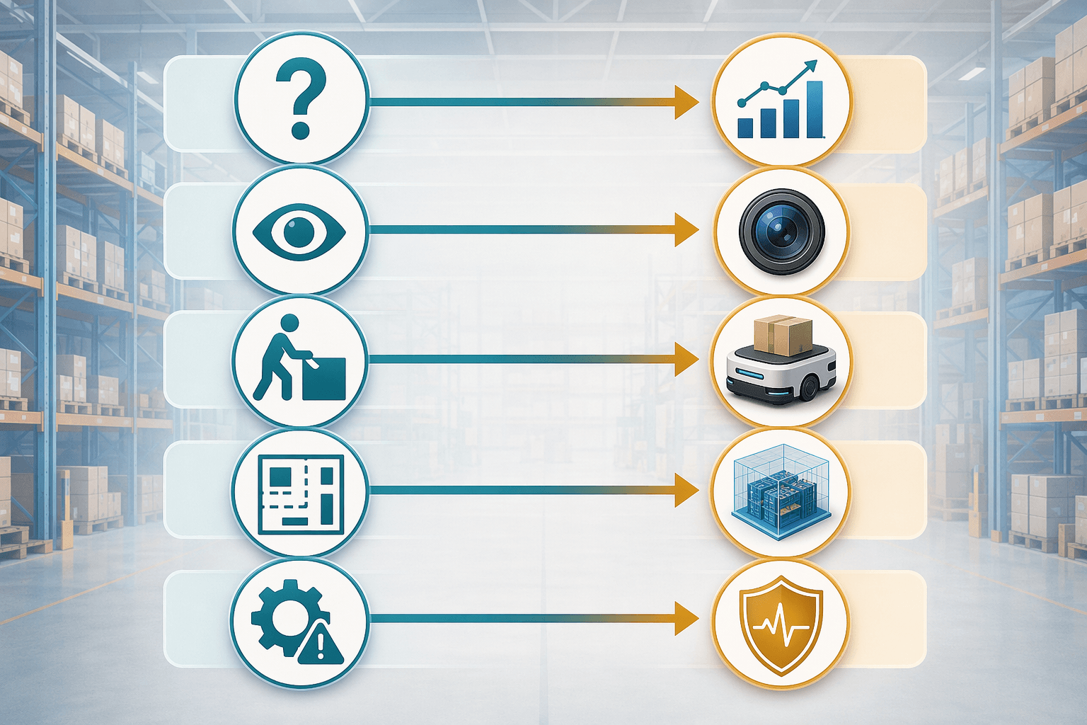 Mapping warehouse problem types to AI technologies including forecasting, computer vision, AMRs, digital twins, and predictive maintenance