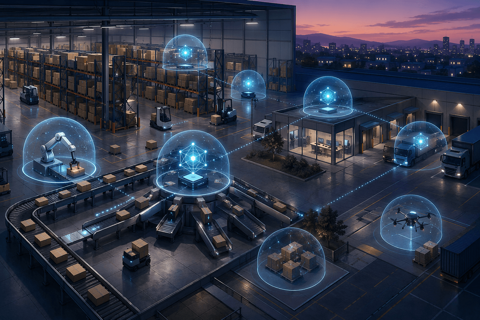 Warehouse and logistics operation with autonomous AI decision nodes contained at bounded points across conveyors, inventory shelves, and shipping areas