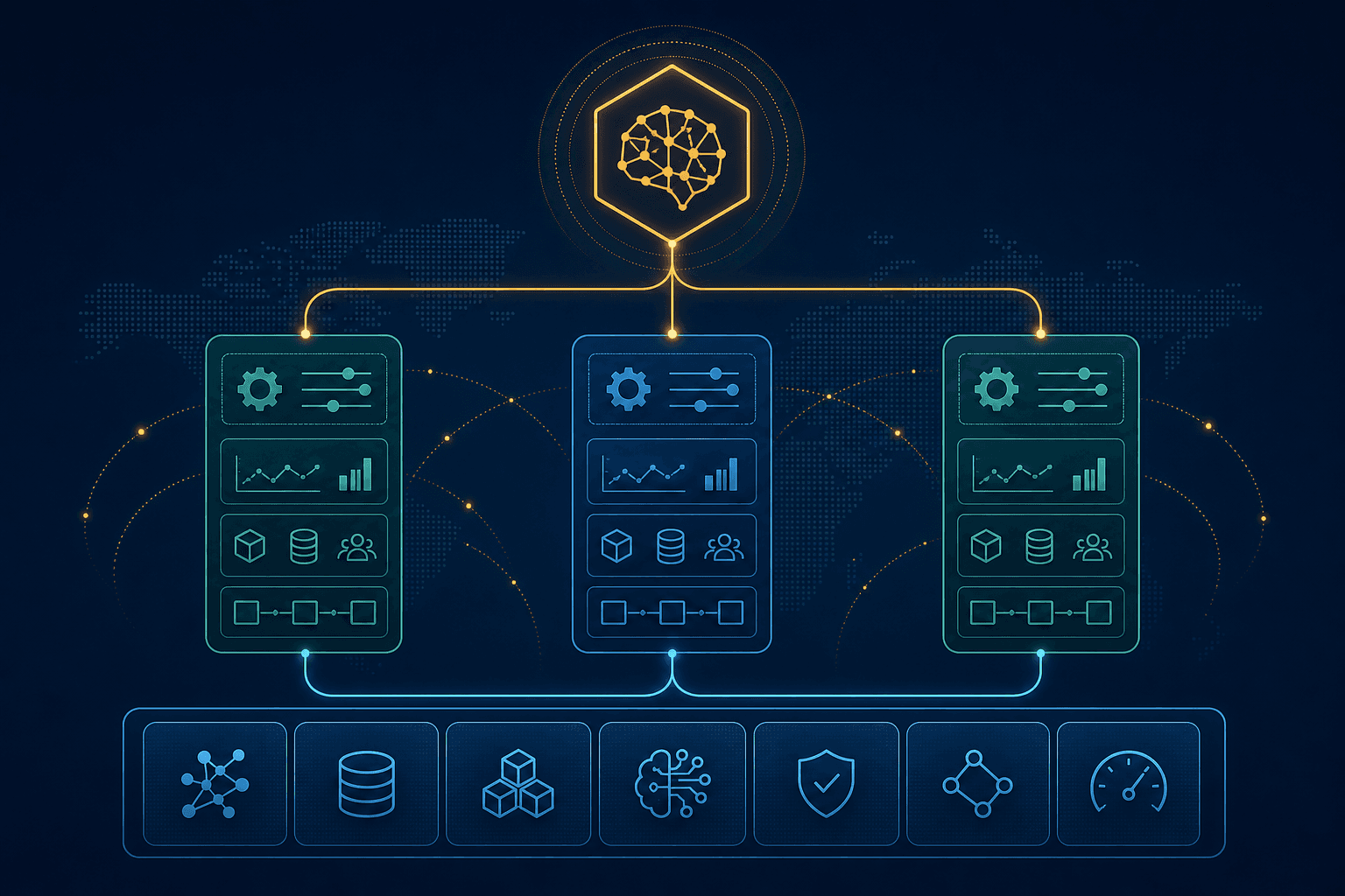 Editorial diagram showing three regional deployment columns with configurable upper layers converging onto a shared unified AI foundation layer at the base, illustrating standardized-but-configurable modular architecture.