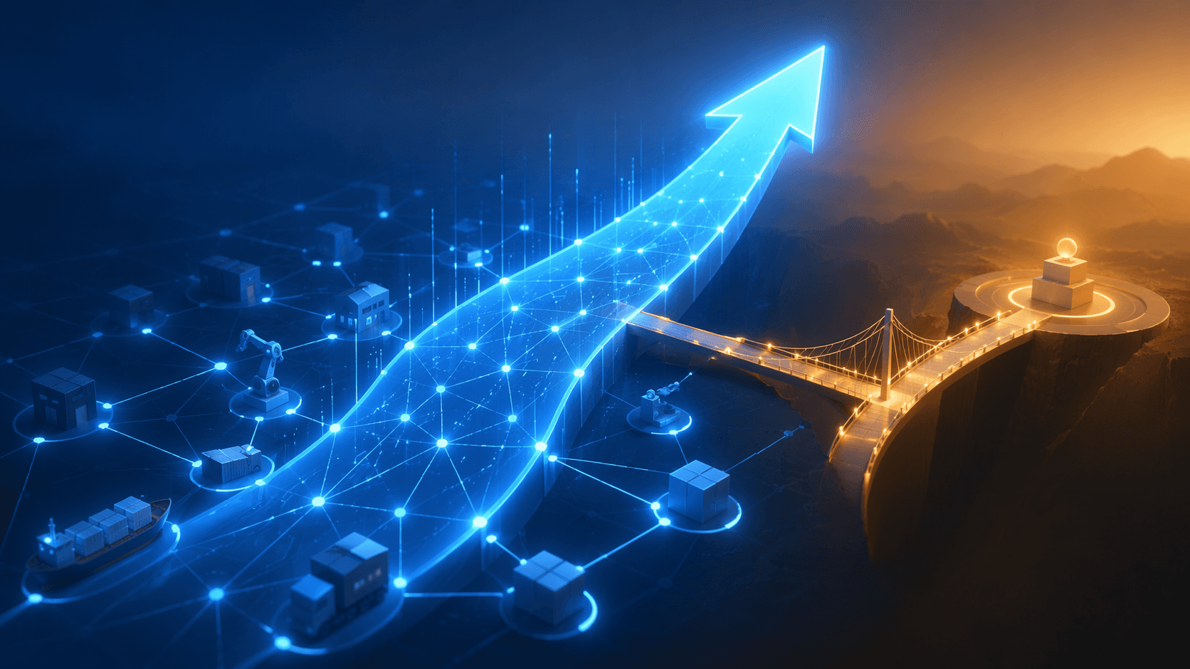 Dark editorial illustration of an upward-trending glowing arrow rising through a connected supply chain network, with a narrower bridge-like split from the main path