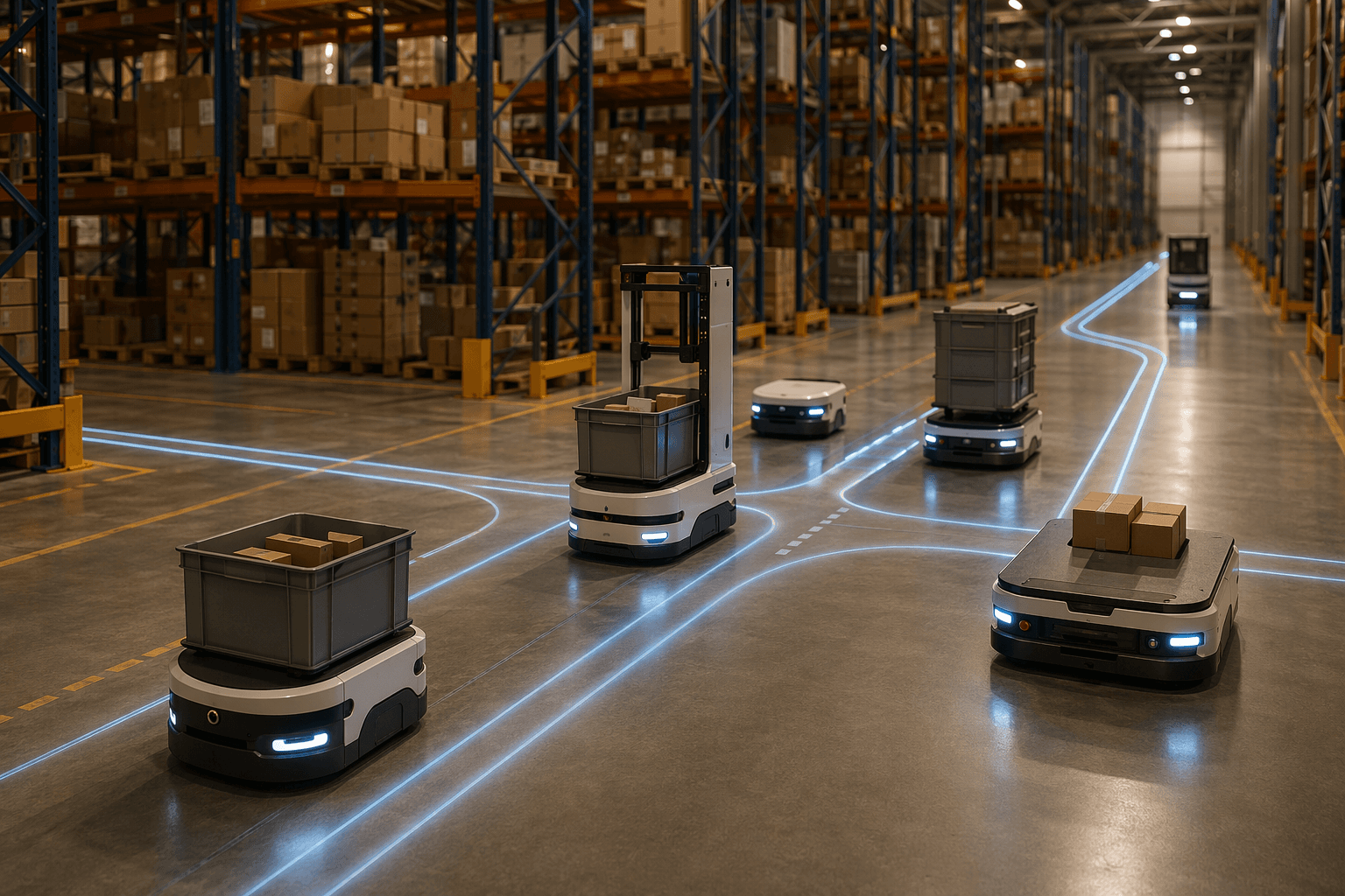 Autonomous mobile robots moving through warehouse aisles with coordinated routing paths