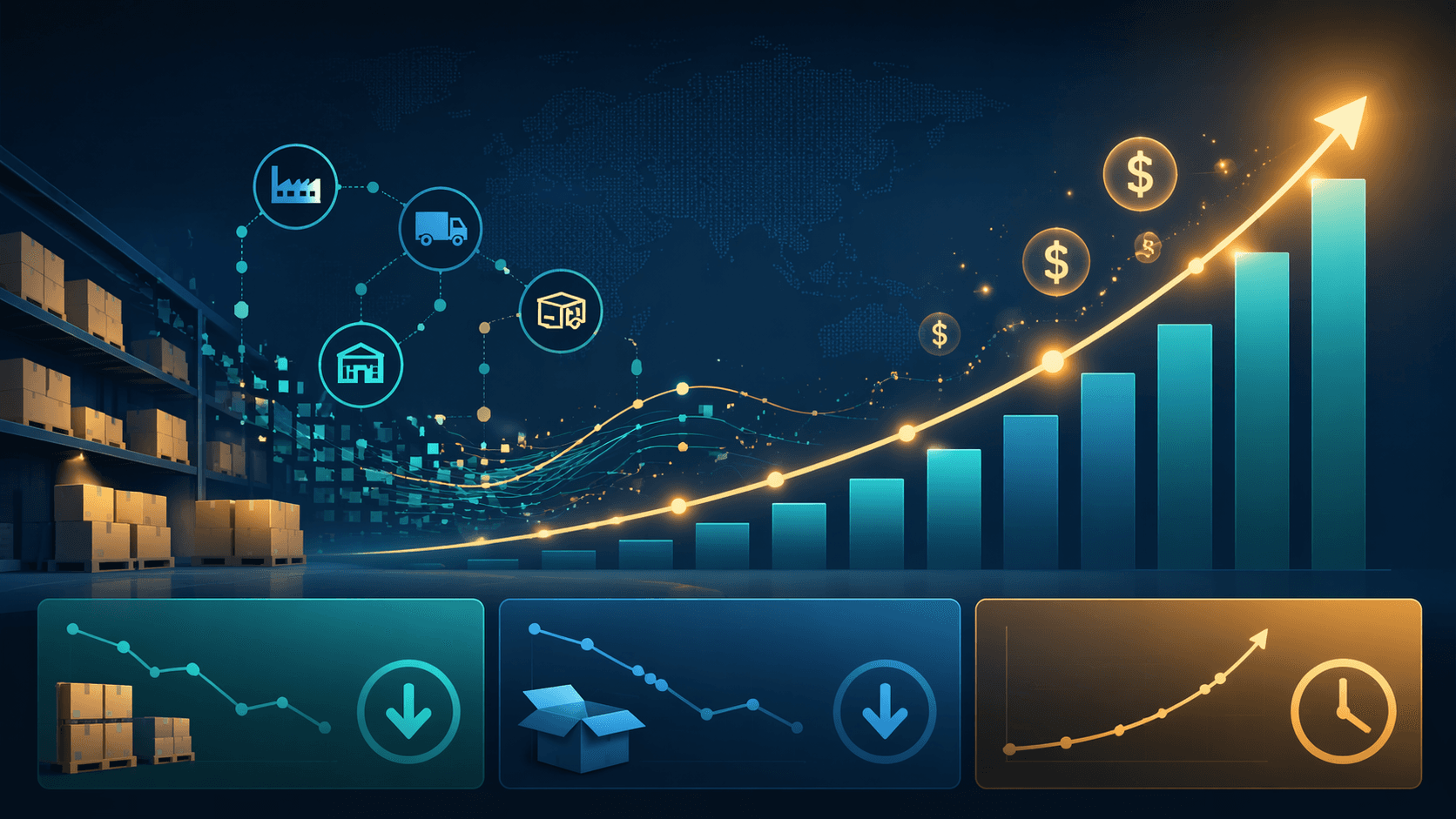 Editorial illustration of AI inventory management ROI benchmarks with inventory boxes, supply chain icons, data points, and dollar symbols