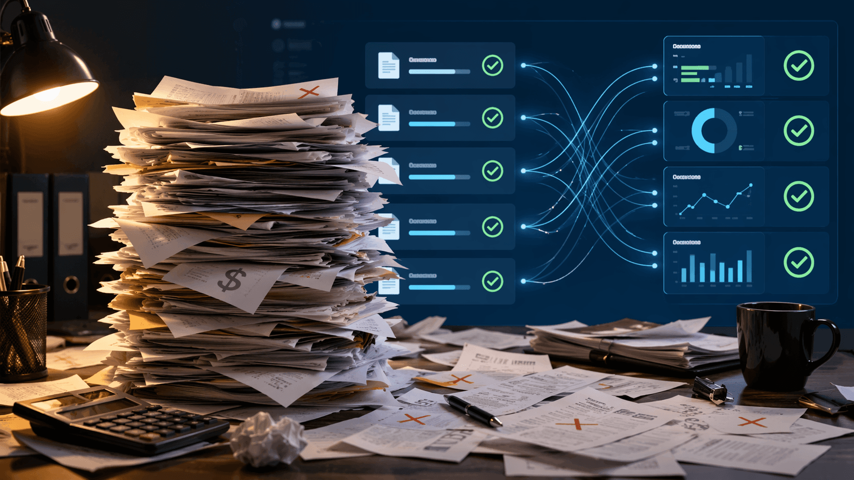 Paper orders and fax sheets with error marks contrasted against a digital order dashboard