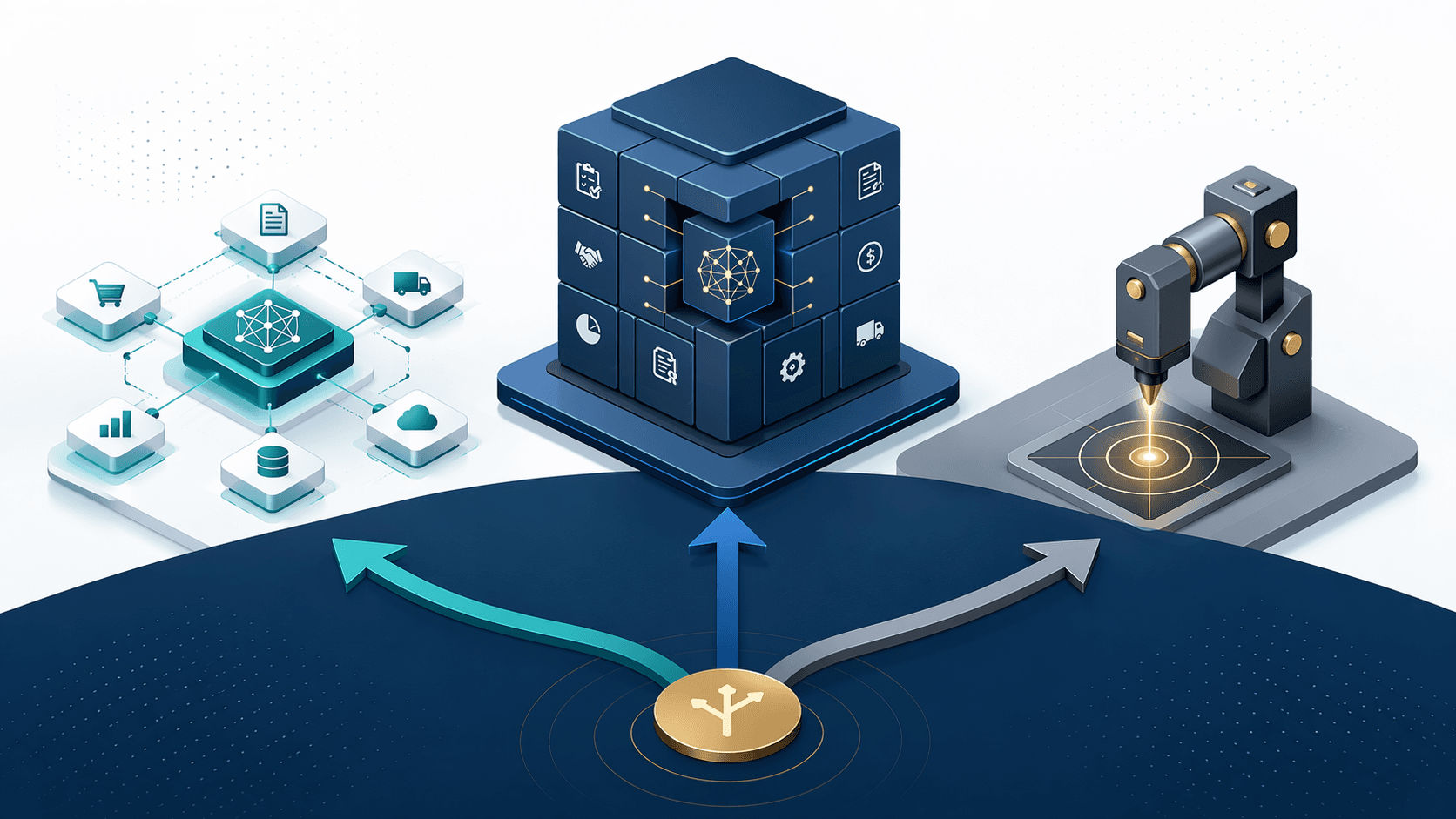 Three procurement architecture paths diverging into orchestration layer, full S2P suite, and specialist tool options