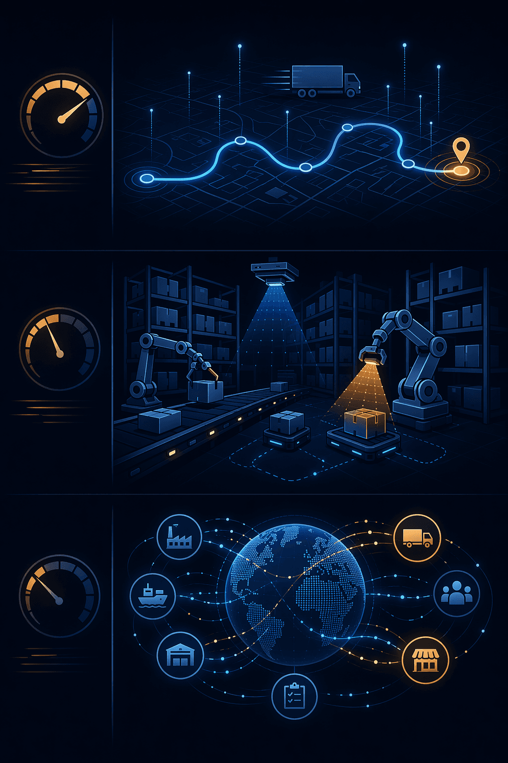 Layered infographic showing transport AI, warehouse AI, and supply chain orchestration AI with faster ROI indicated at the transport layer