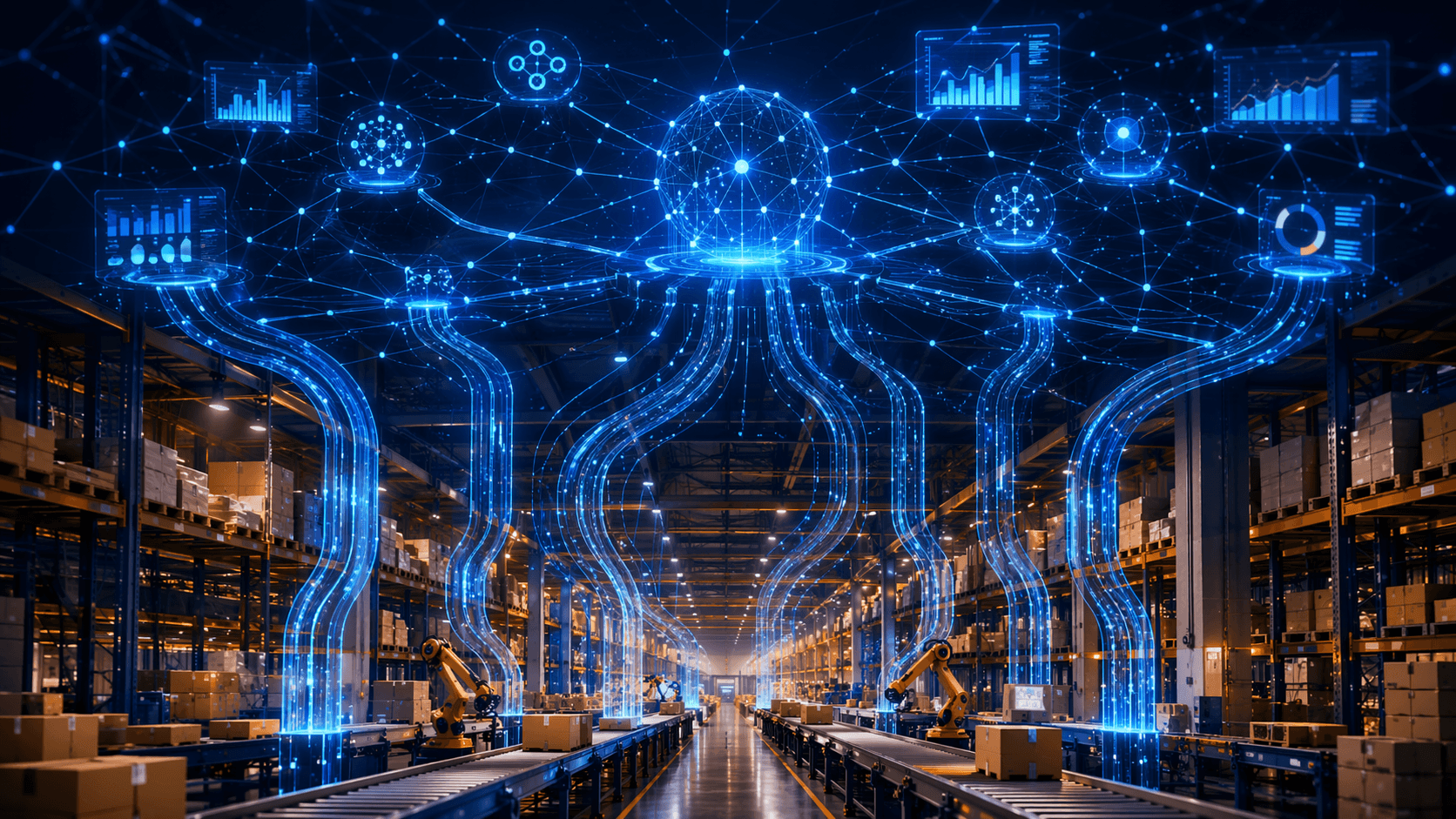 Abstract warehouse data streams rising into AI network nodes