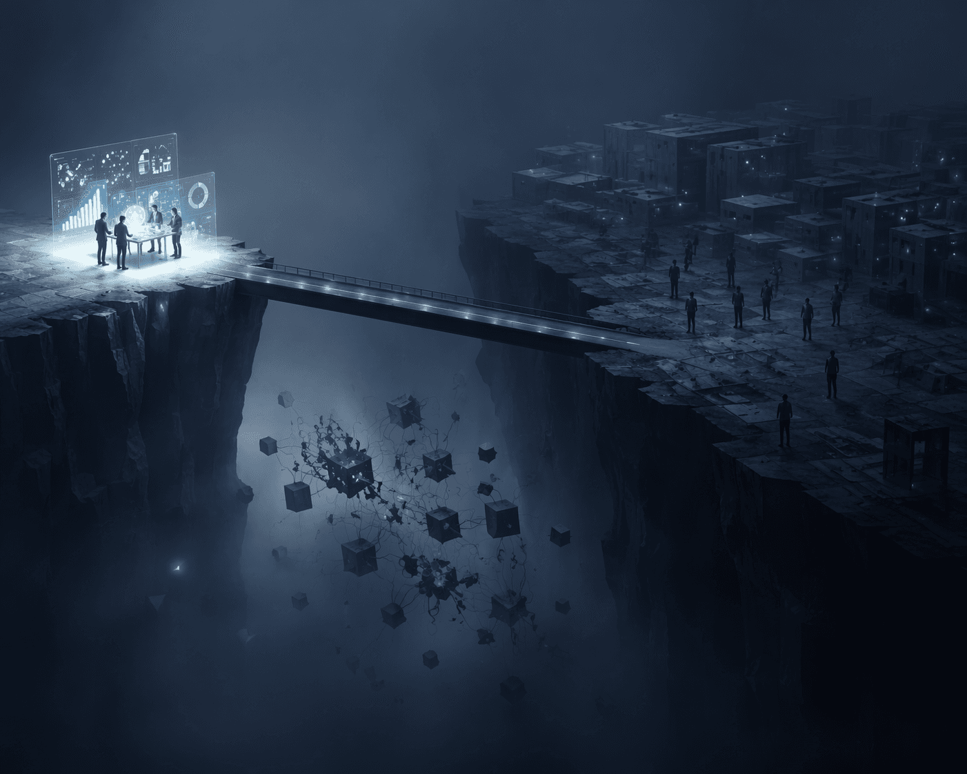 A bridge between pilot and production with data silos and readiness gaps in the middle