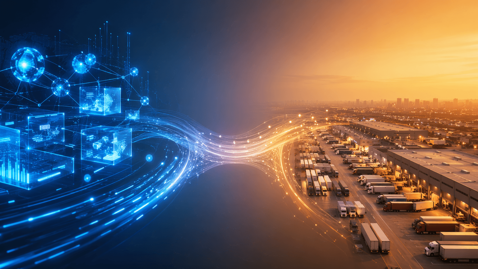 Horizontal spectrum scene showing AI-native logistics on the left and traditional logistics on the right