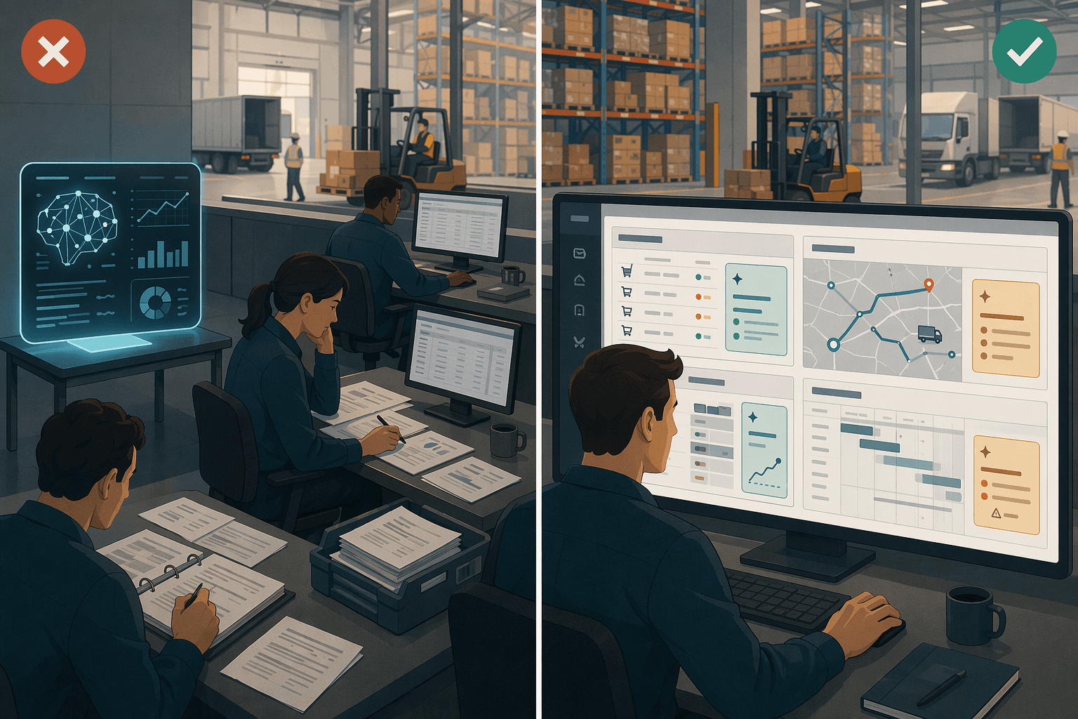 Comparison of an isolated AI dashboard and AI recommendations embedded in existing supply chain planning workflows