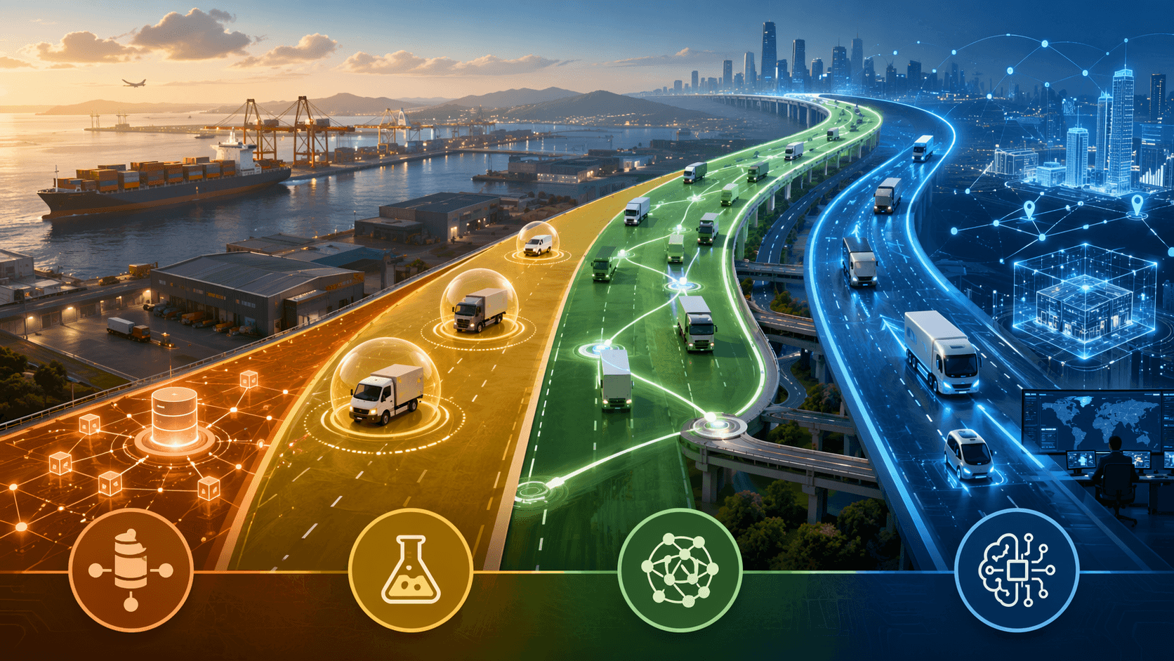 Four progressive phases of AI adoption across a logistics network, from data foundation through pilots and scaled operations to AI-native routing