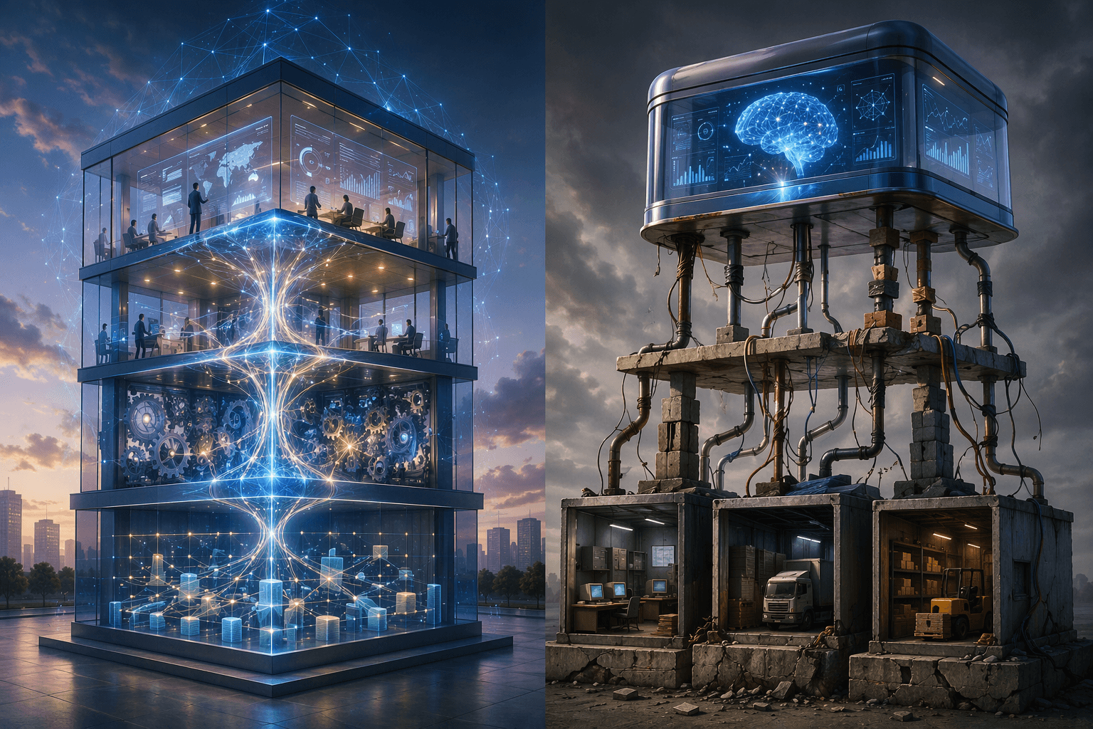 Side-by-side comparison of a unified AI-native supply chain platform and a fragmented legacy platform with AI features attached