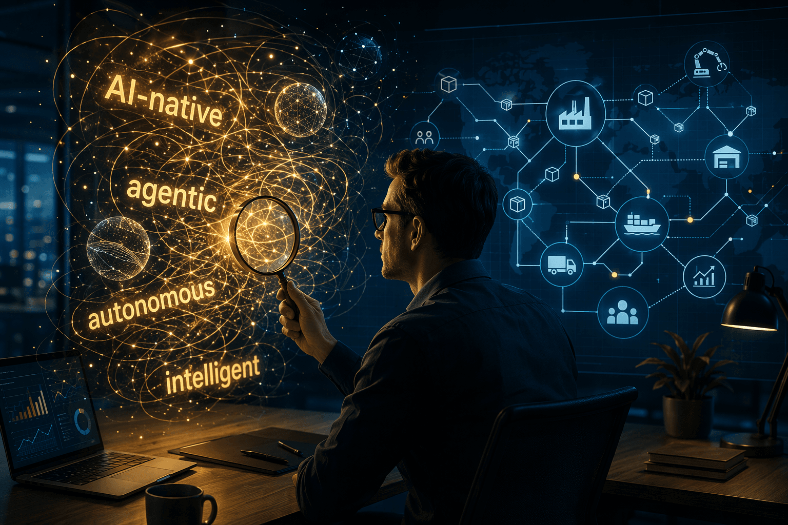 Supply chain planner examining AI marketing buzzwords over a structured supply chain network diagram