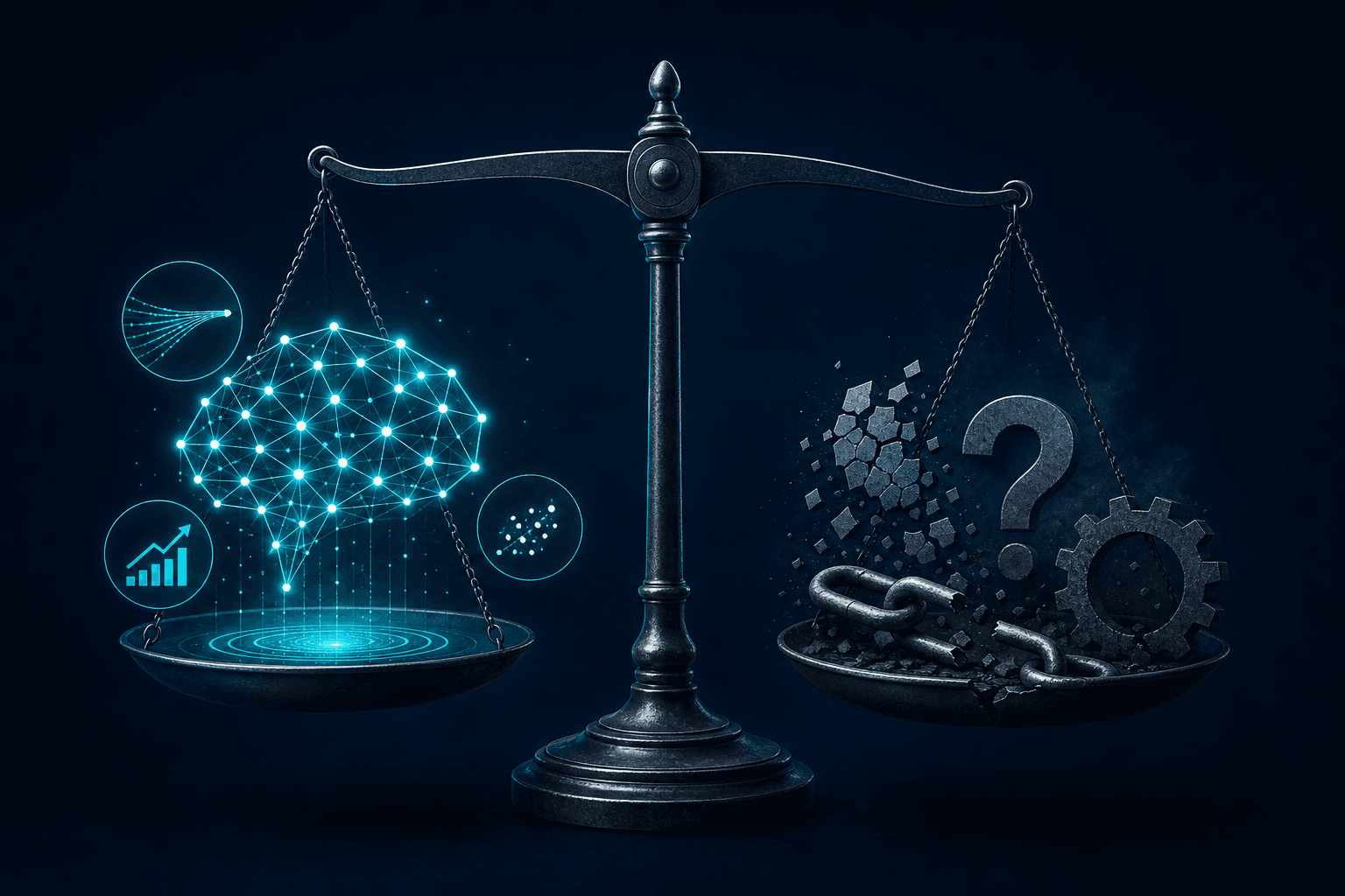 A balance scale illustration with a glowing AI neural network icon and data stream icons on the left side, and cracked data fragments, a broken chain link, and a question mark on the right side, with the scale tipping slightly downward on the risk side against a deep navy background with teal and cyan accents.