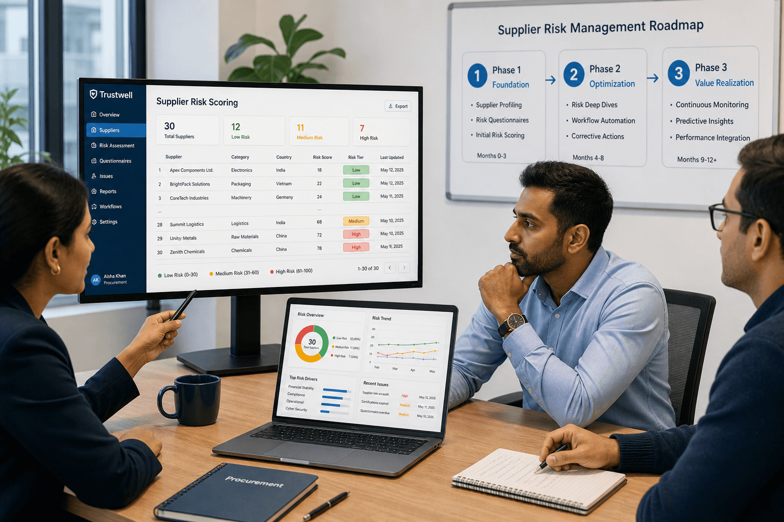 Two to three business professionals reviewing a supplier risk scoring dashboard showing roughly 30 suppliers with color-coded risk tier badges, with a phased roadmap visible in the background.