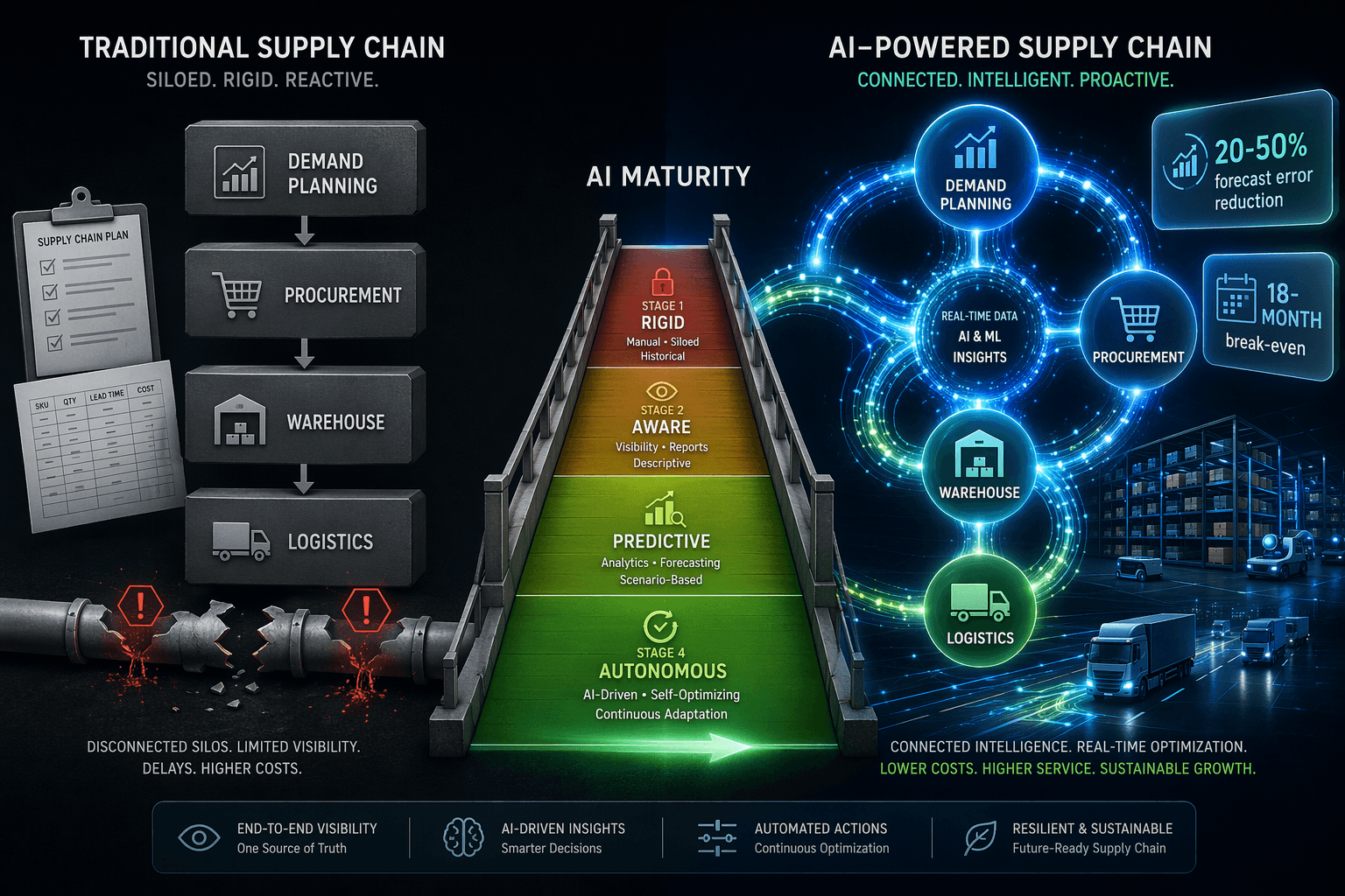 Split-diagram infographic on a dark background. Left side shows disconnected gray silos labeled Demand Planning, Procurement, Warehouse, Logistics with rigid arrows, a clipboard icon, and red blockage icons indicating a traditional supply chain. Right side shows the same functions as glowing blue and green connected nodes with flowing light streams between them, representing an AI-powered supply chain. A central bridge labeled 'AI Maturity' shows a 4-step gradient from red (Rigid) to green (Autonomous). Translucent badges display '20-50% forecast error reduction' and '18-month break-even'.