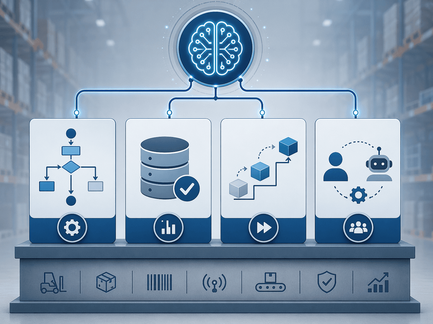 Four operational readiness blocks supporting an AI engine: process, clean data, phased expansion, and human-machine collaboration