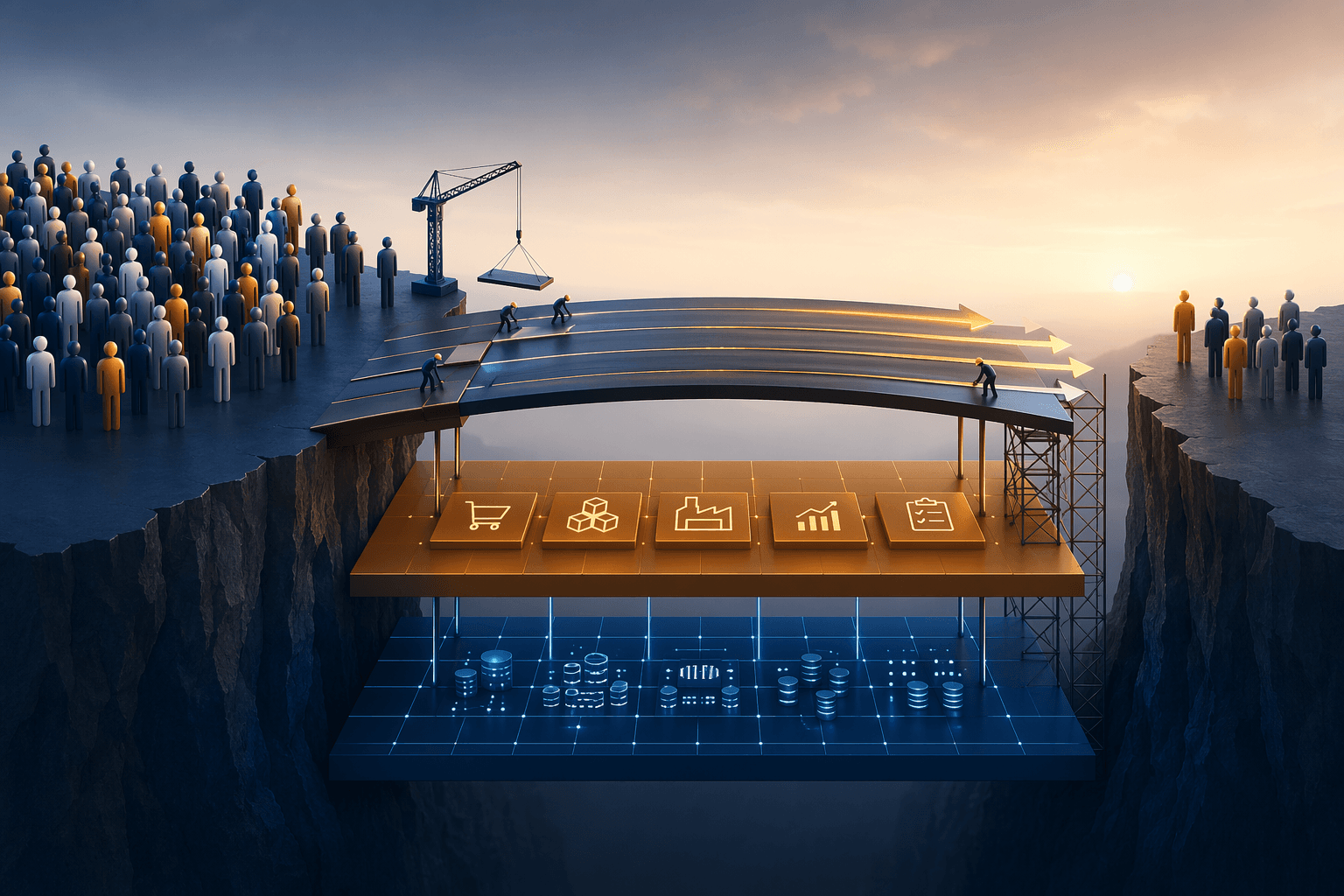 Bridge under construction across a gap between AI adoption intent and execution