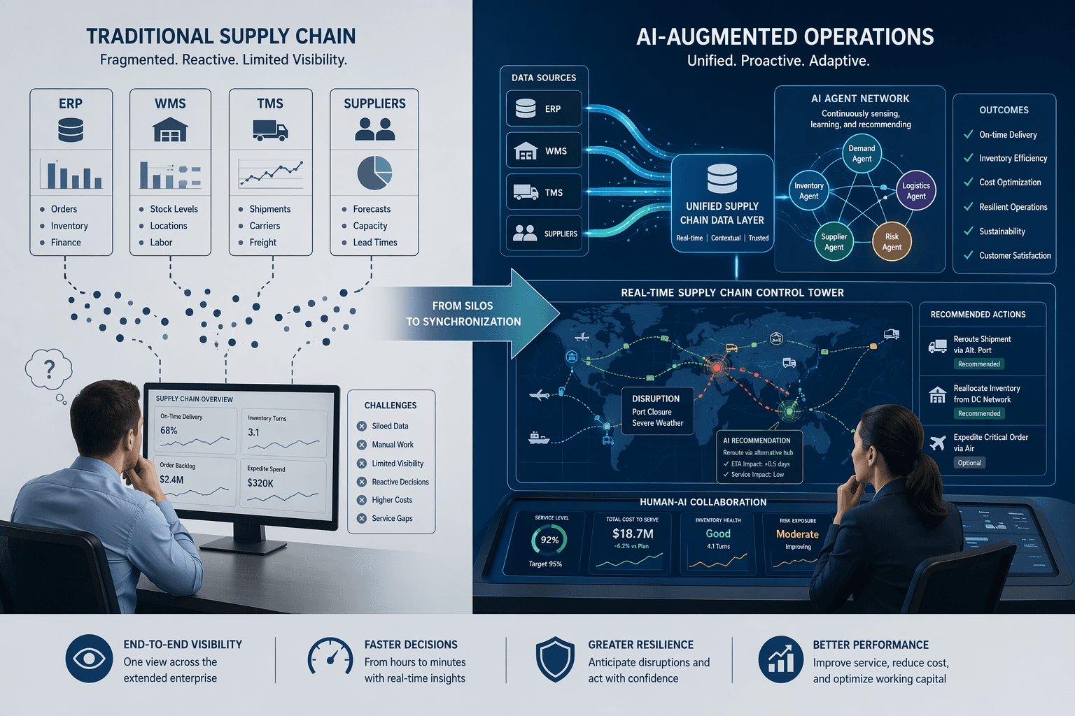 Split-composition illustration contrasting fragmented data silos with an AI-augmented operations center, showing the transition from pilots to orchestrated human-AI collaboration.
