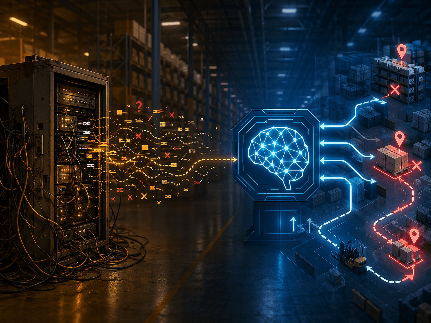 Messy WMS data feeding a modern AI engine and producing incorrect warehouse routing recommendations