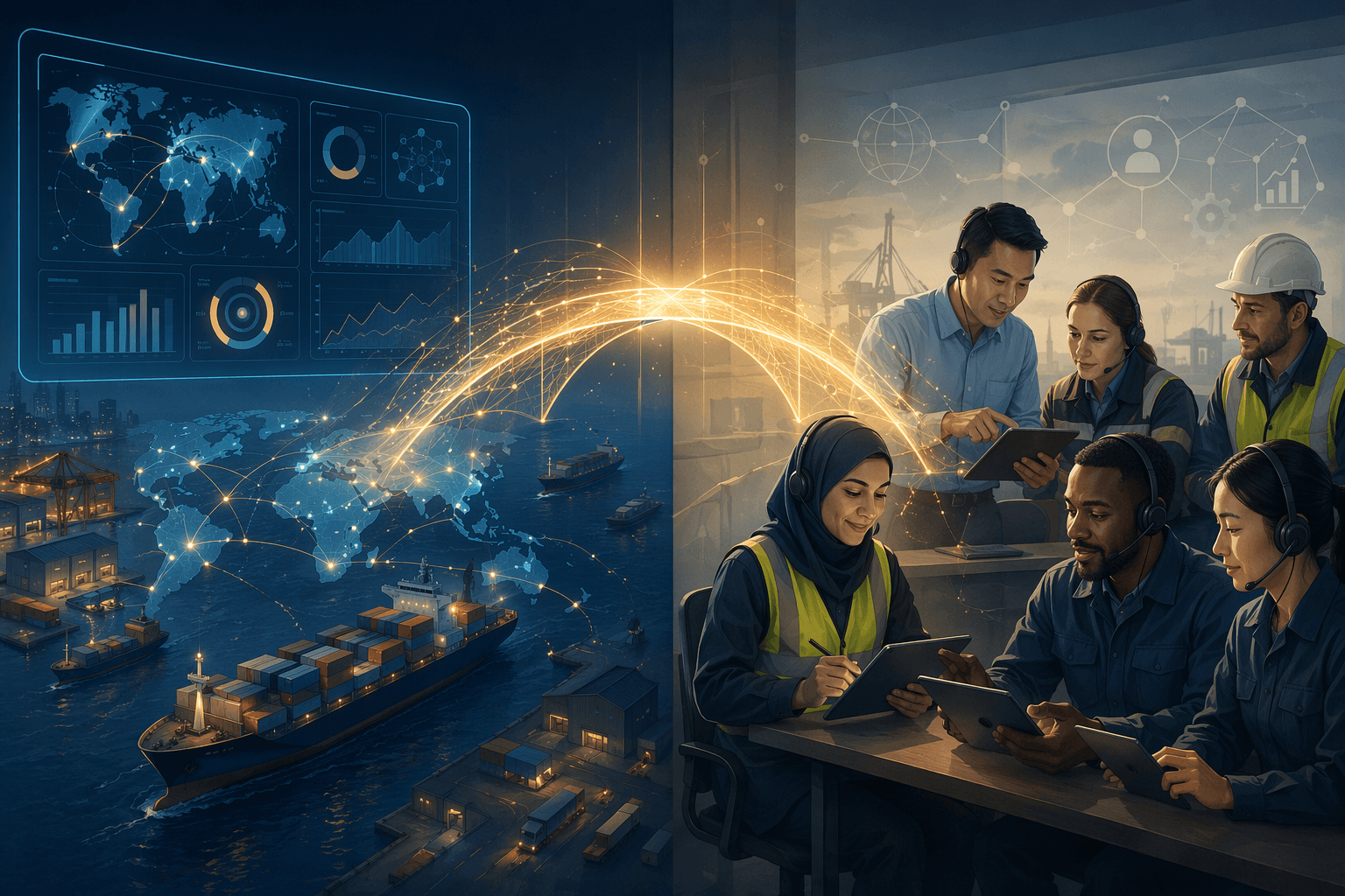 AI analytics dashboard above a supply chain map connected by a glowing bridge to a group of professionals in training