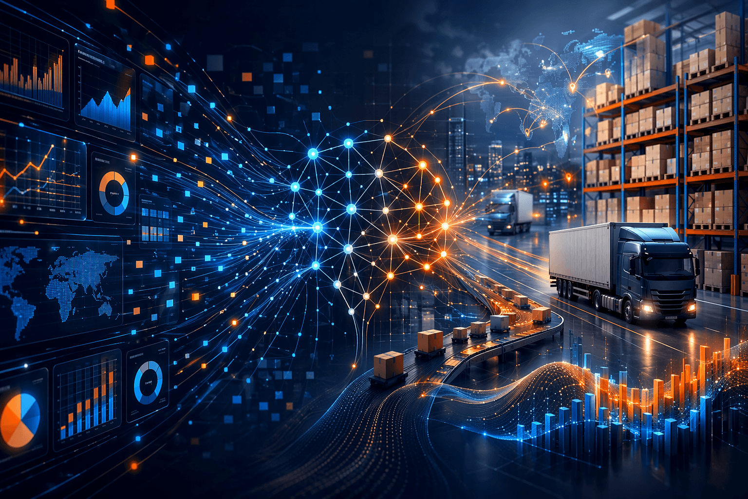 Conceptual visualization of machine learning nodes connected to warehouse shelves, delivery trucks, and inventory data streams