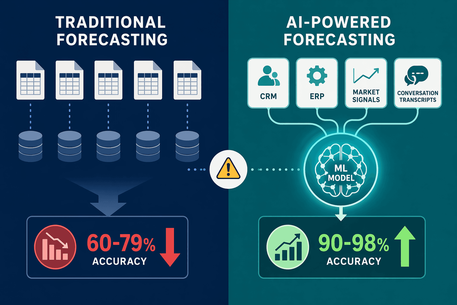 Infographic comparing Traditional Forecasting (60-79% accuracy) with AI-Powered Forecasting (90-98% accuracy), showing disconnected data sources on the left and connected data flows on the right.