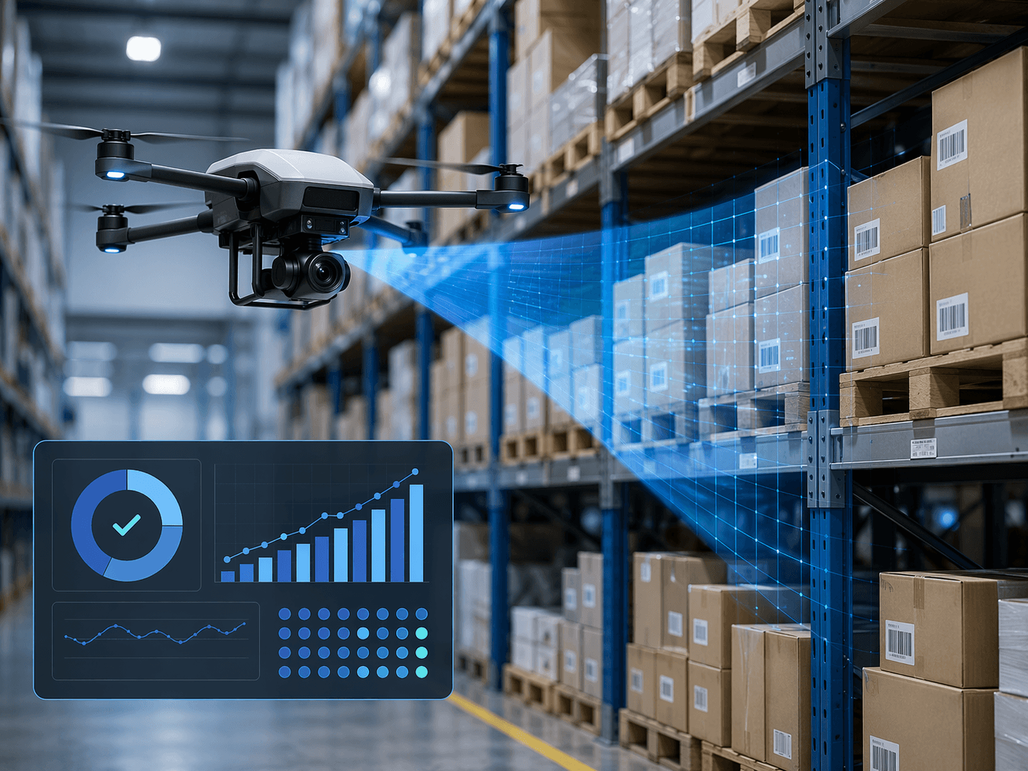 Autonomous warehouse drone scanning pallet racks for computer-vision-based inventory counting