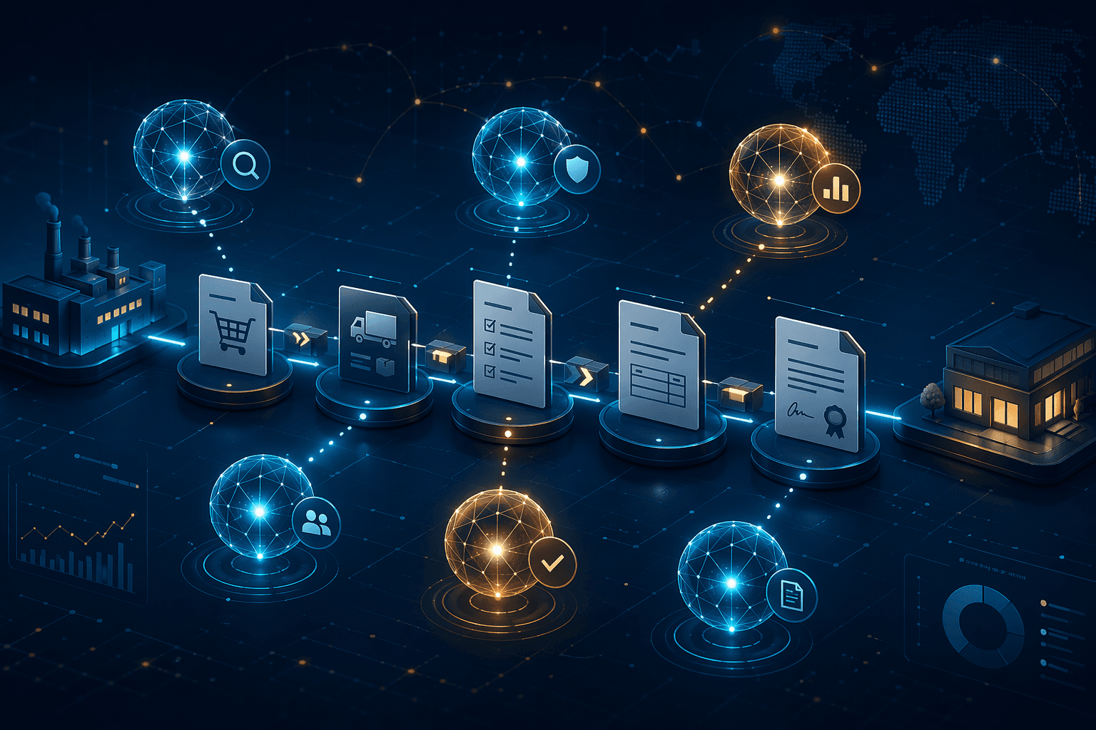 Glowing AI agent nodes connected across procurement documents, invoices, contracts, and supplier network points